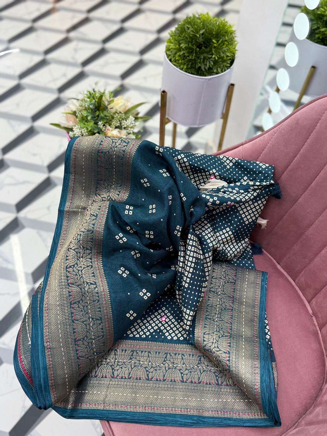 Teal Blue Bandhini Printed Saree