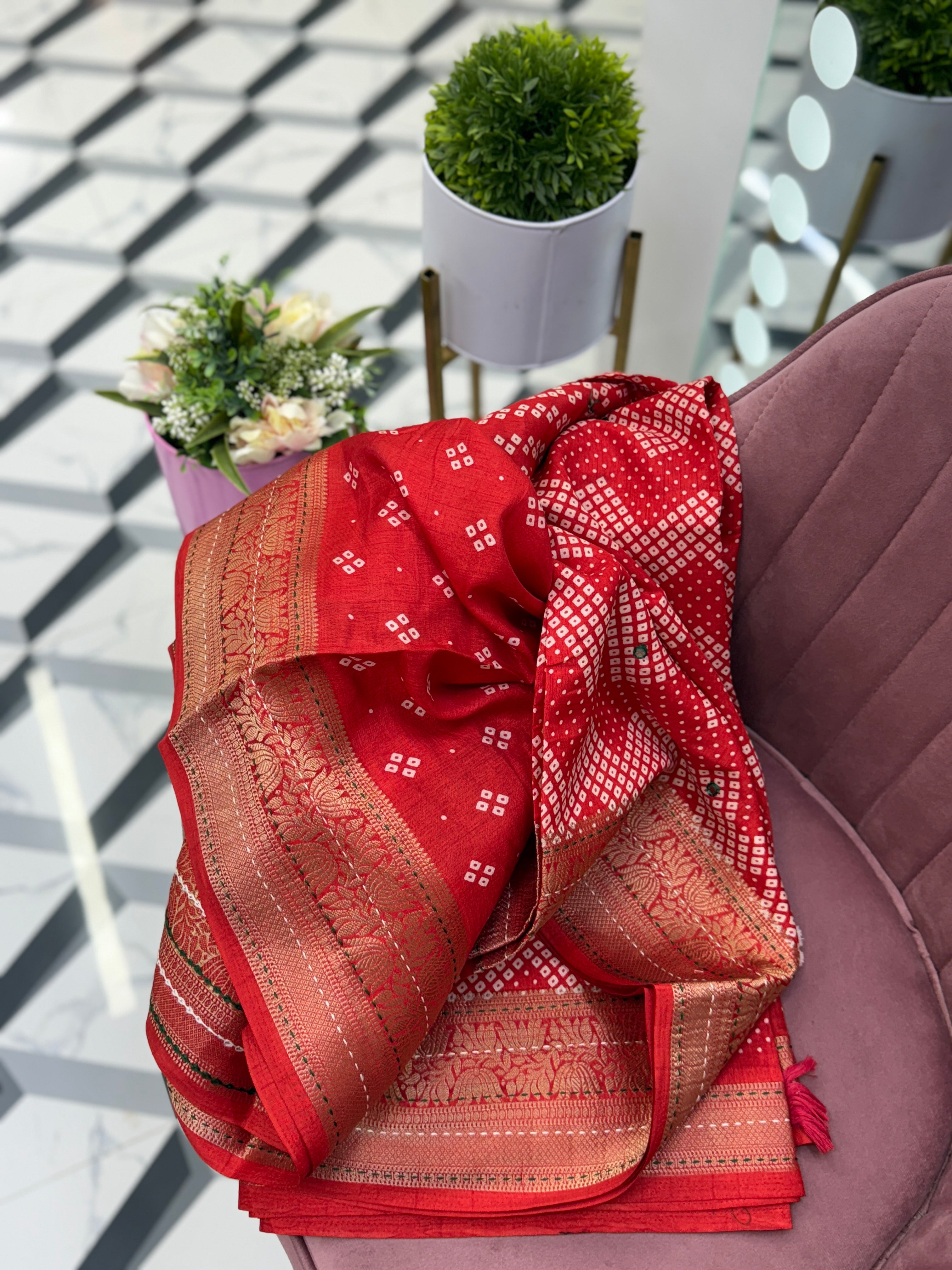 Red Bandhini Printed Saree