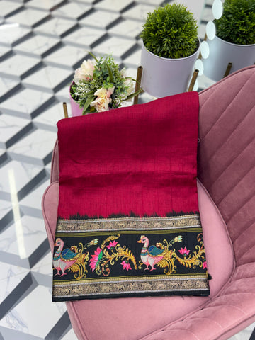Reddish Pink Tanjore Painted Saree