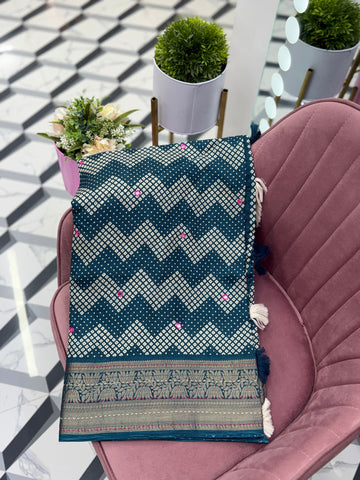 Teal Blue Bandhini Printed Saree