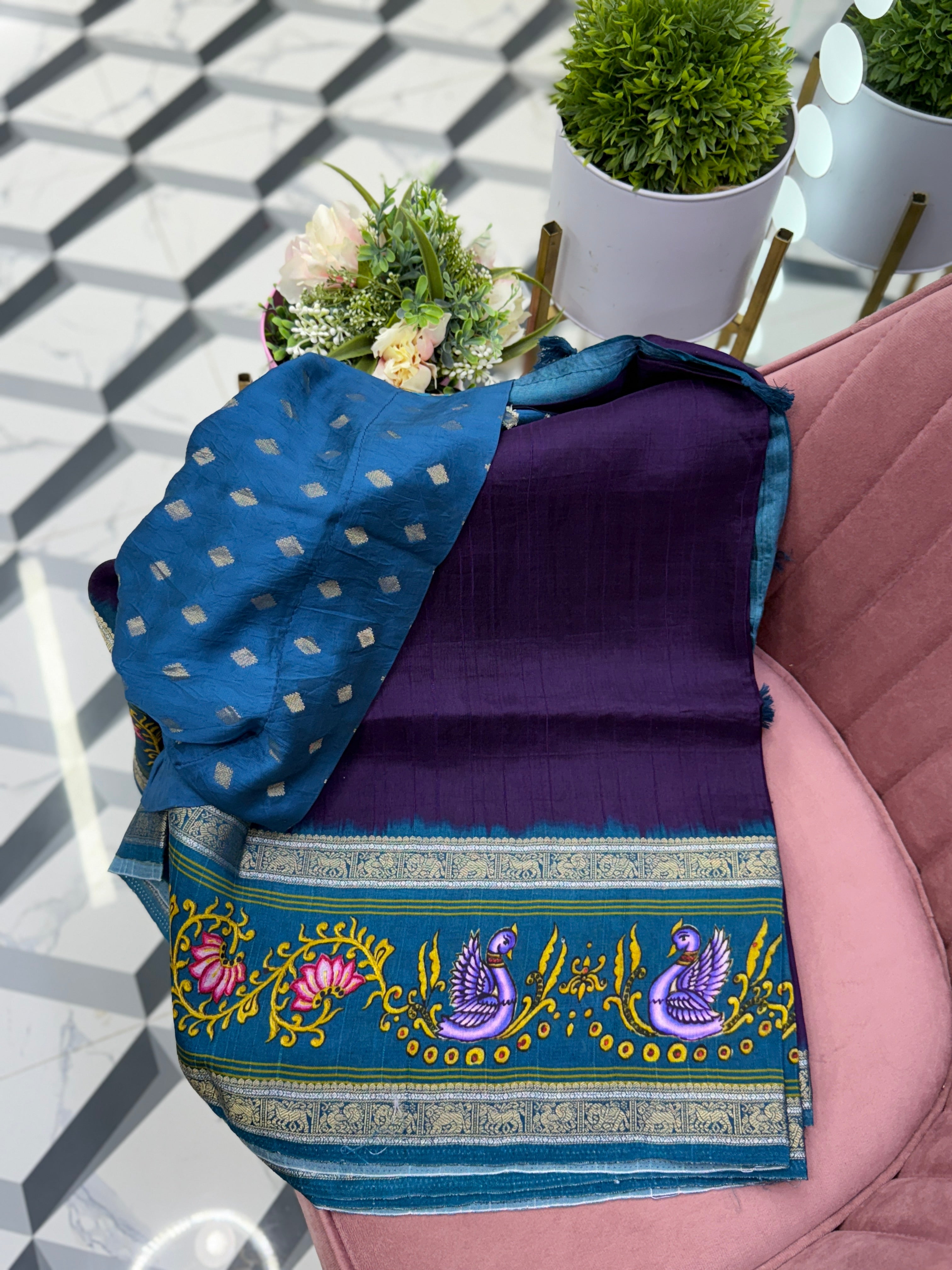 Purple Tanjore Painted Saree