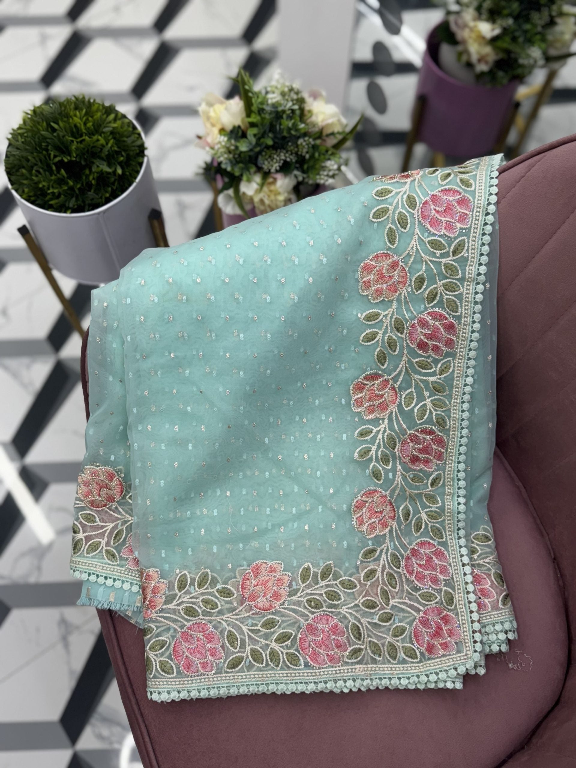 Sea blue Premium Organza Saree