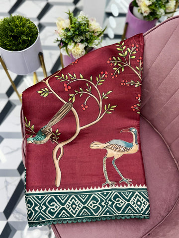 Maroon Soft Tussar Saree with Digital Print