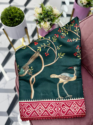 Bottle Green Soft Tussar Saree