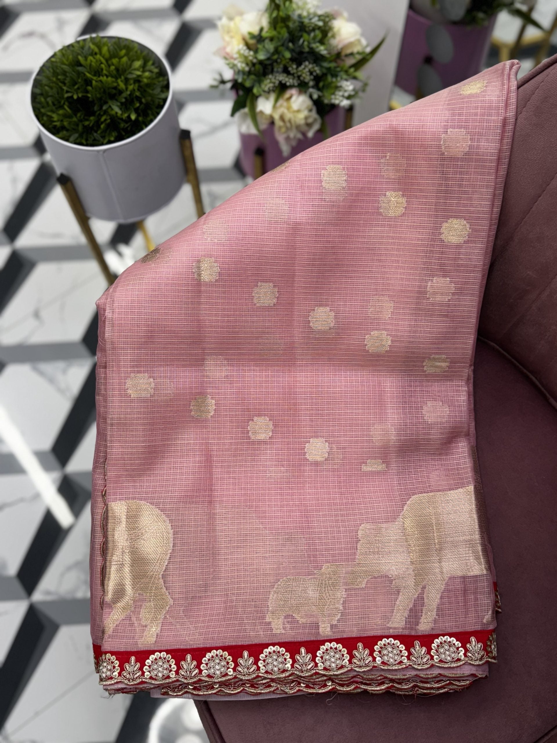 Premium Pink Kota Saree With Maggam Work Border