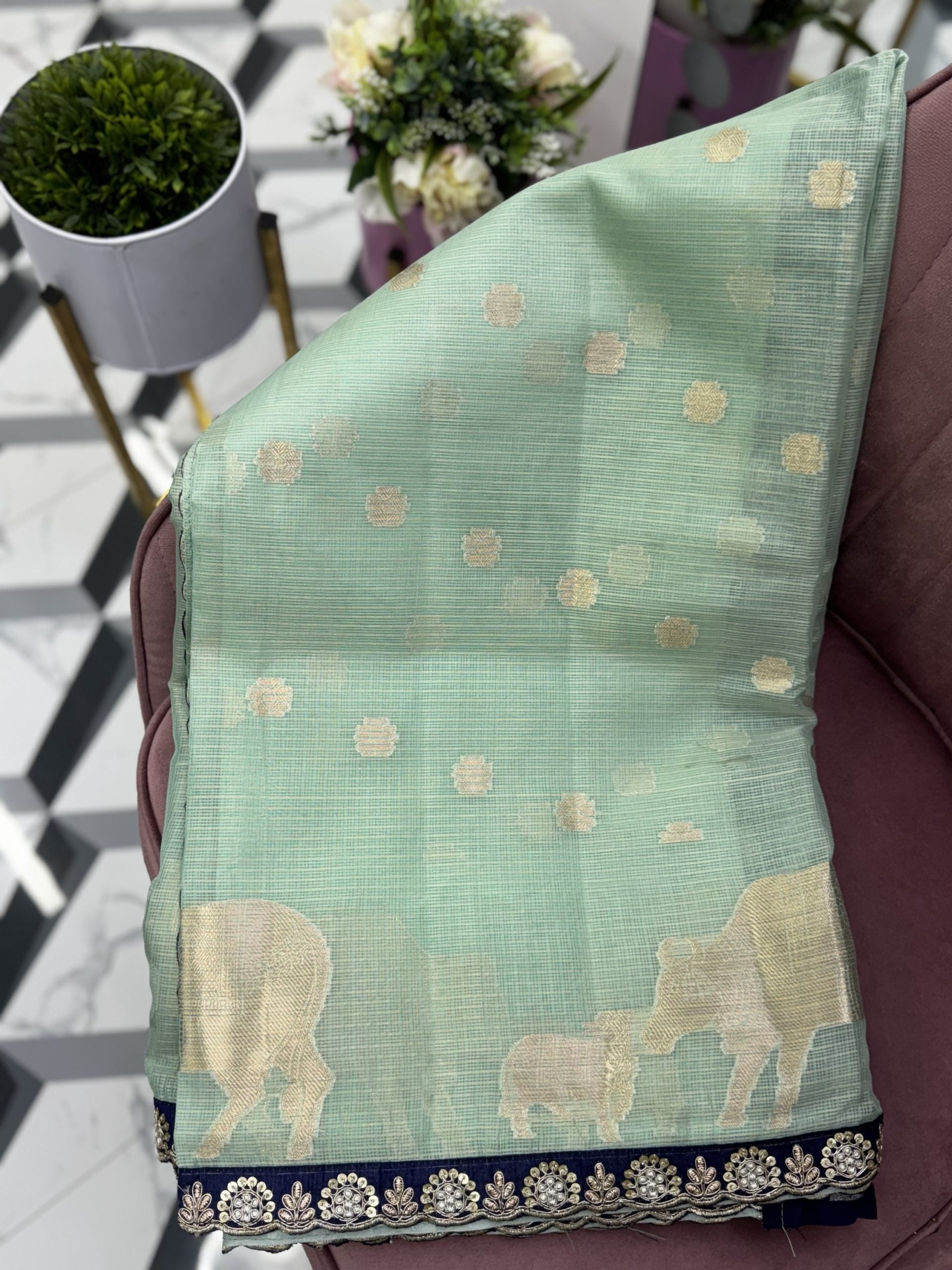 Premium Seagreen Kota Saree with Maggam Work Border