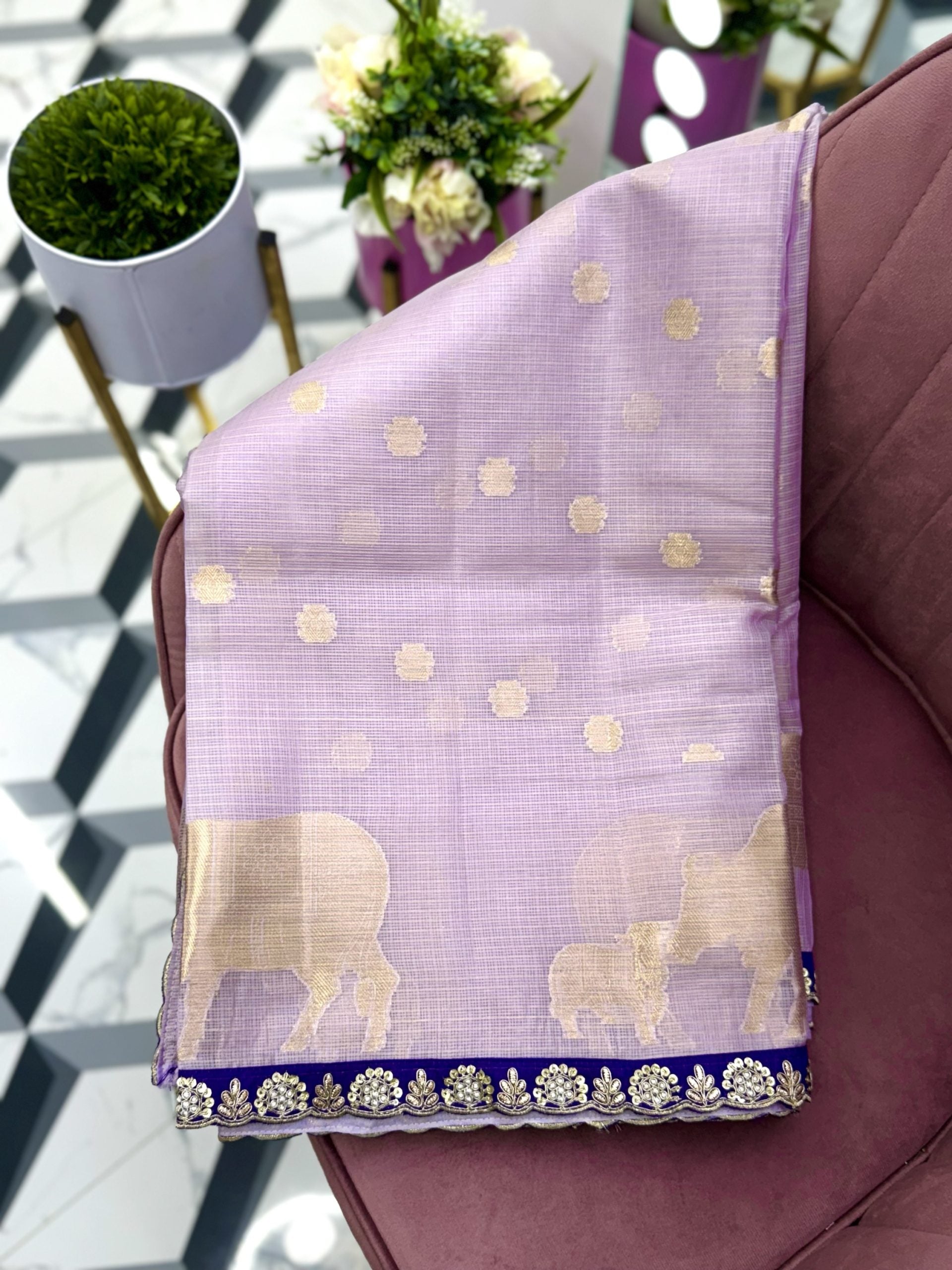 Premium Lavender Kota Saree with Maggam Work Border