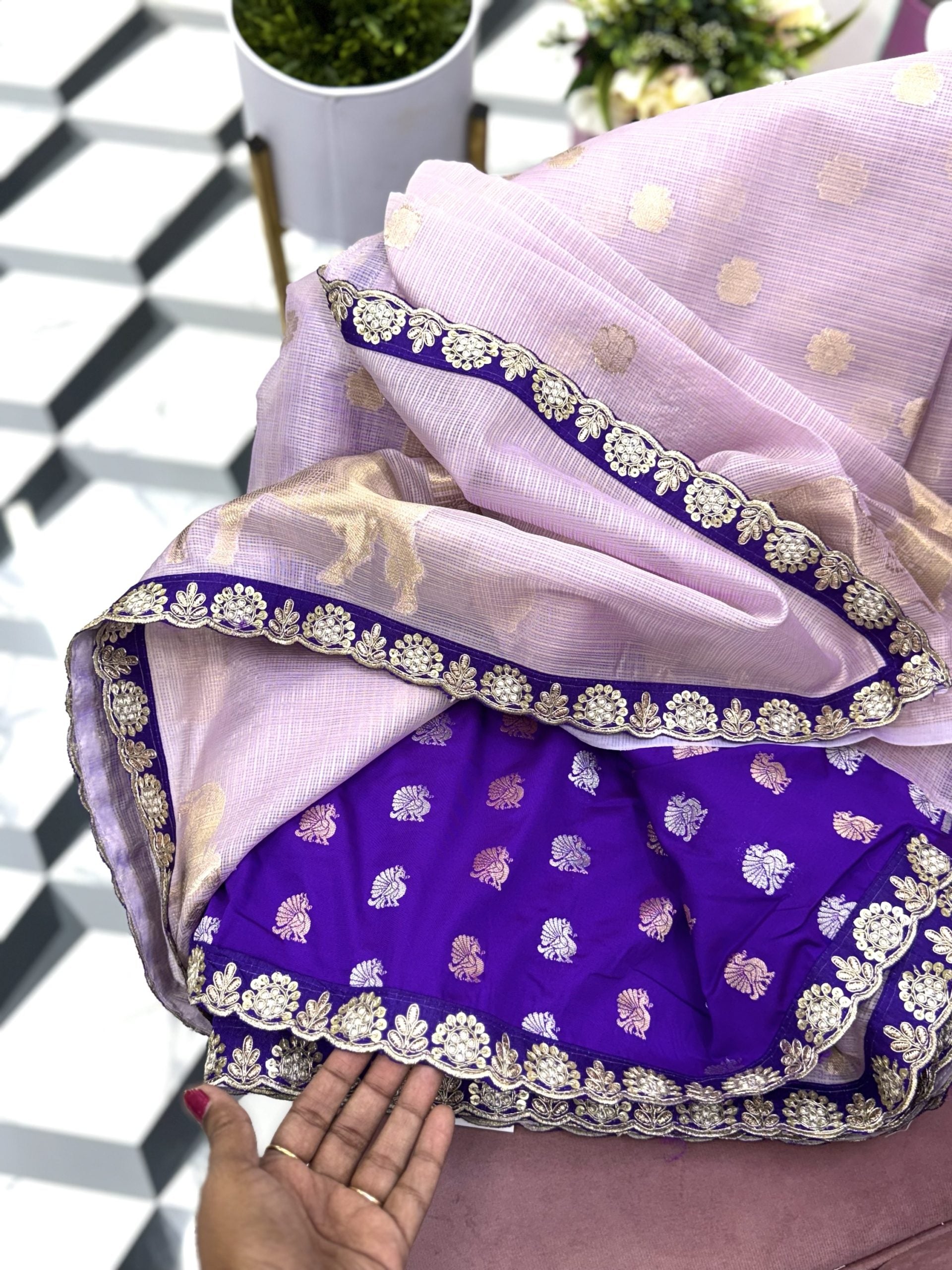 Premium Lavender Kota Saree with Maggam Work Border