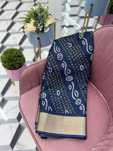 Navy Blue Bandhini Printed Saree