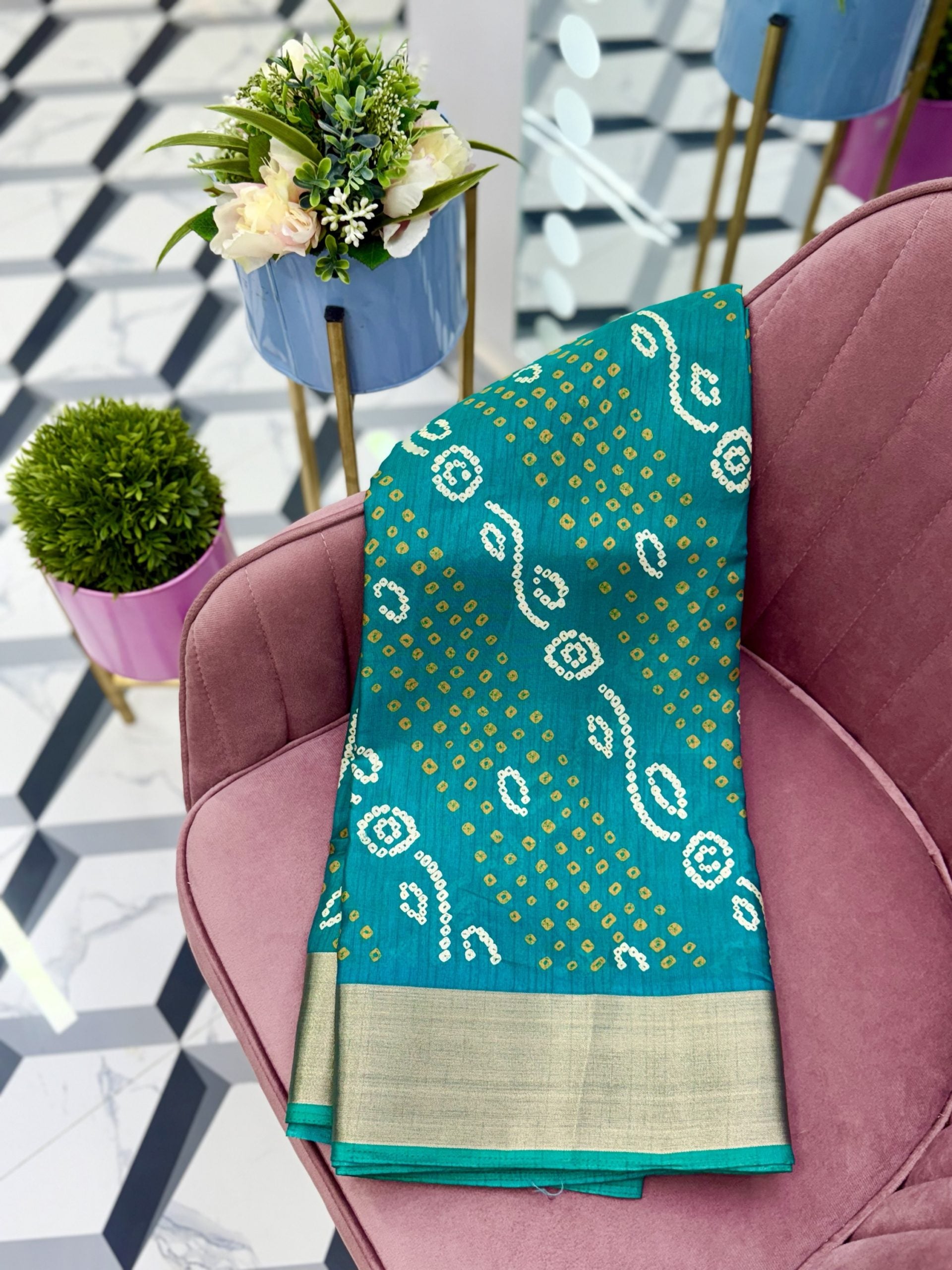 Sea green Bandhini Printed Saree
