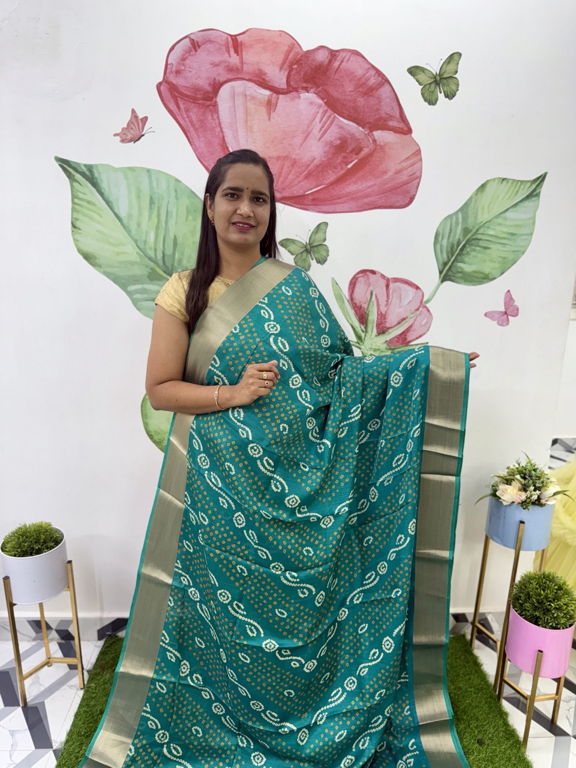 Sea green Bandhini Printed Saree