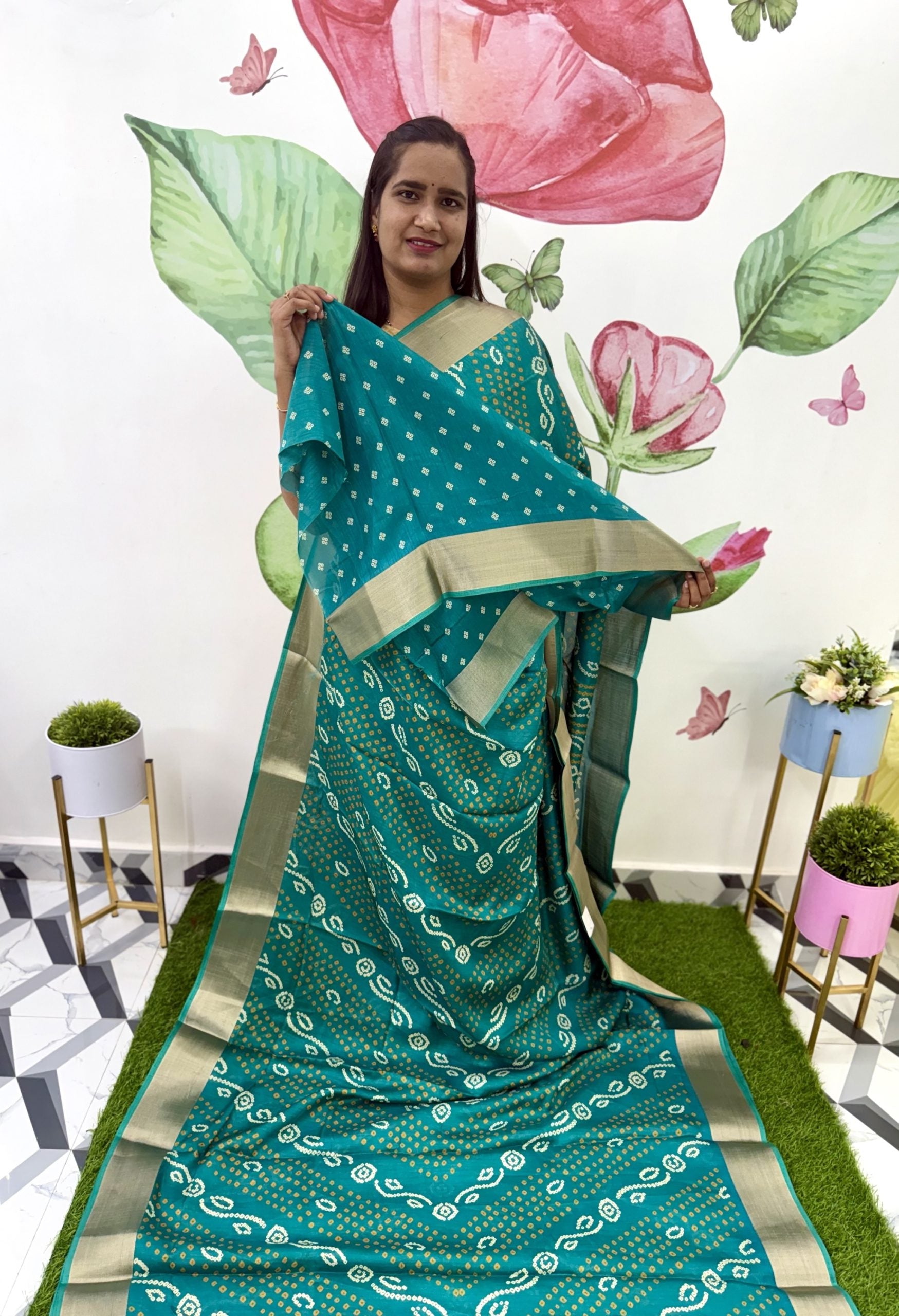 Sea green Bandhini Printed Saree