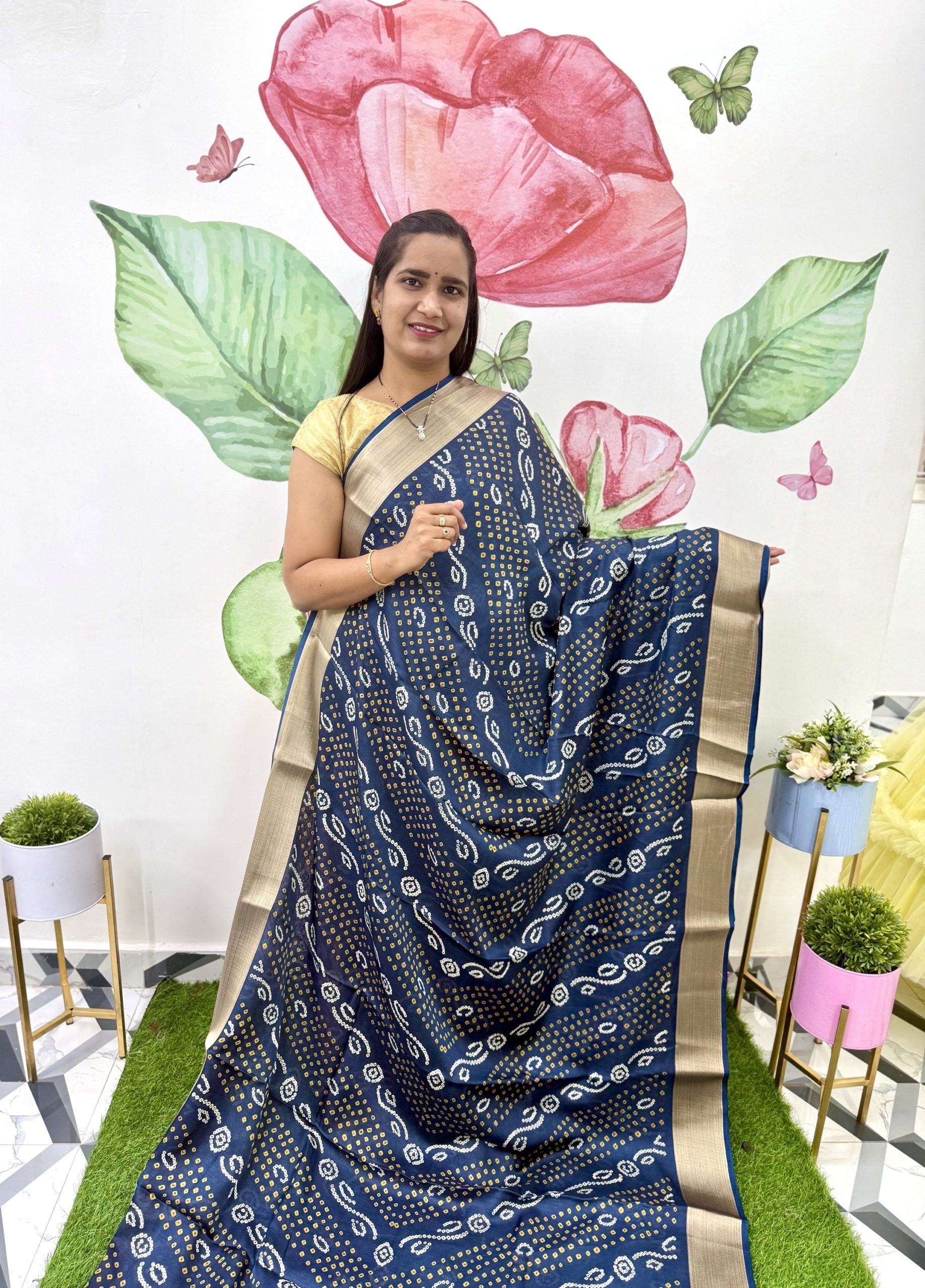 Navy Blue Bandhini Printed Saree