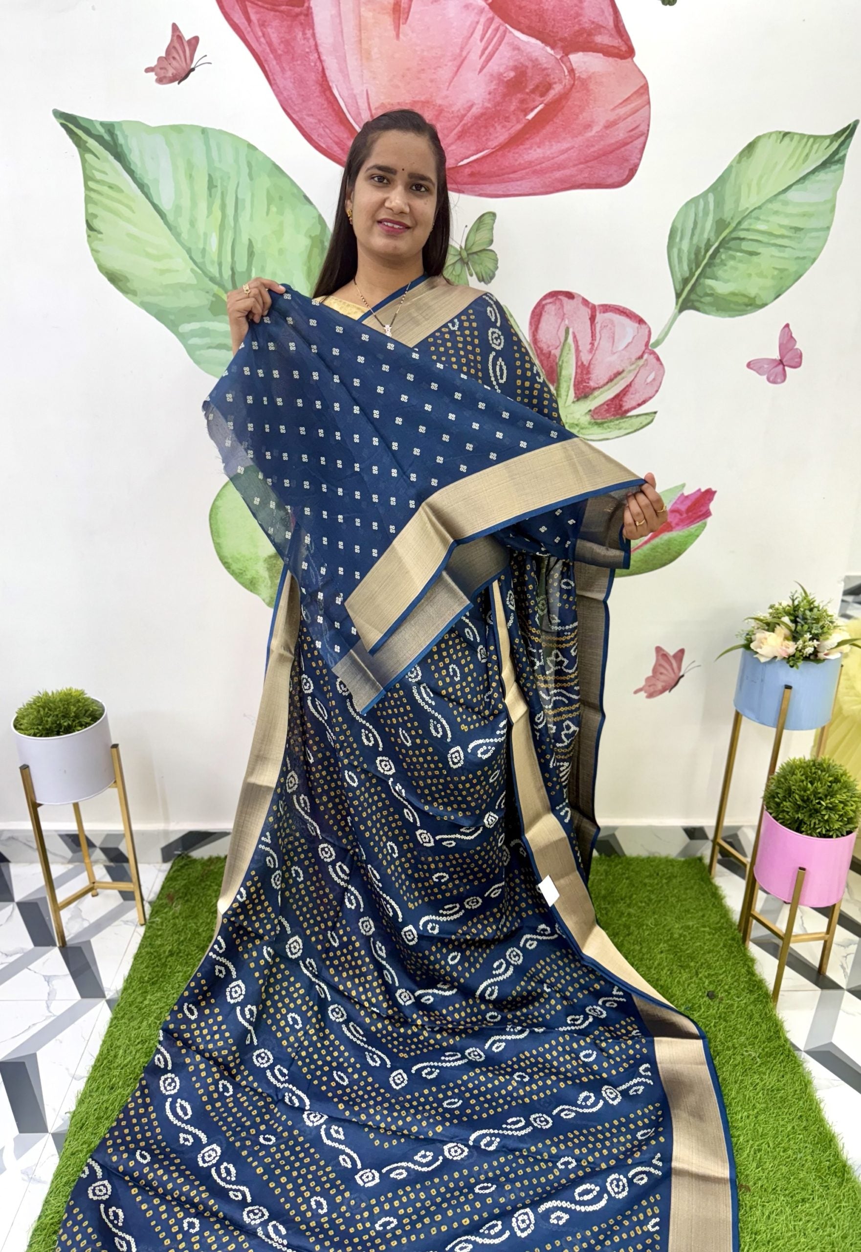 Navy Blue Bandhini Printed Saree
