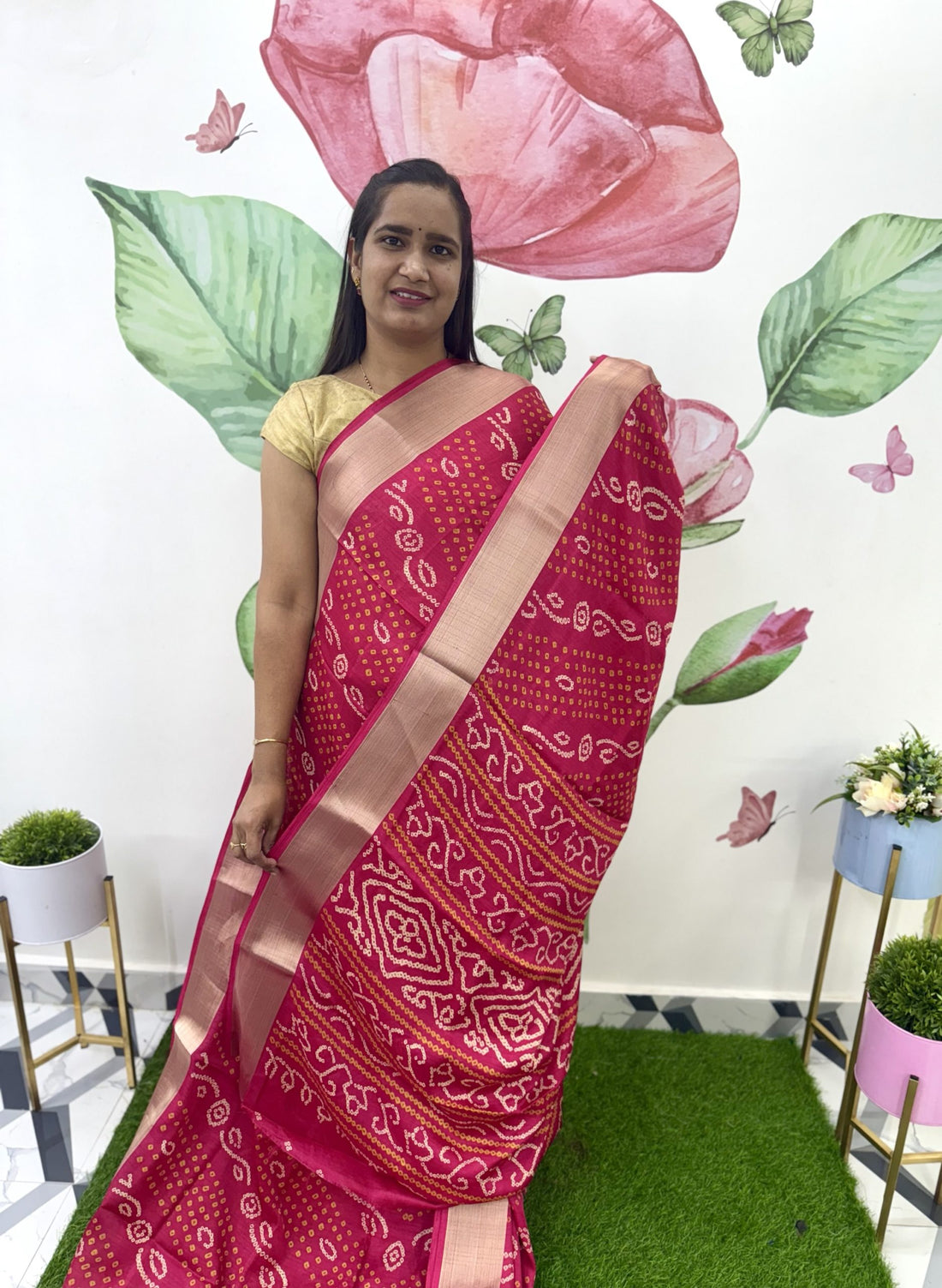 Pink Bandhini Printed Saree
