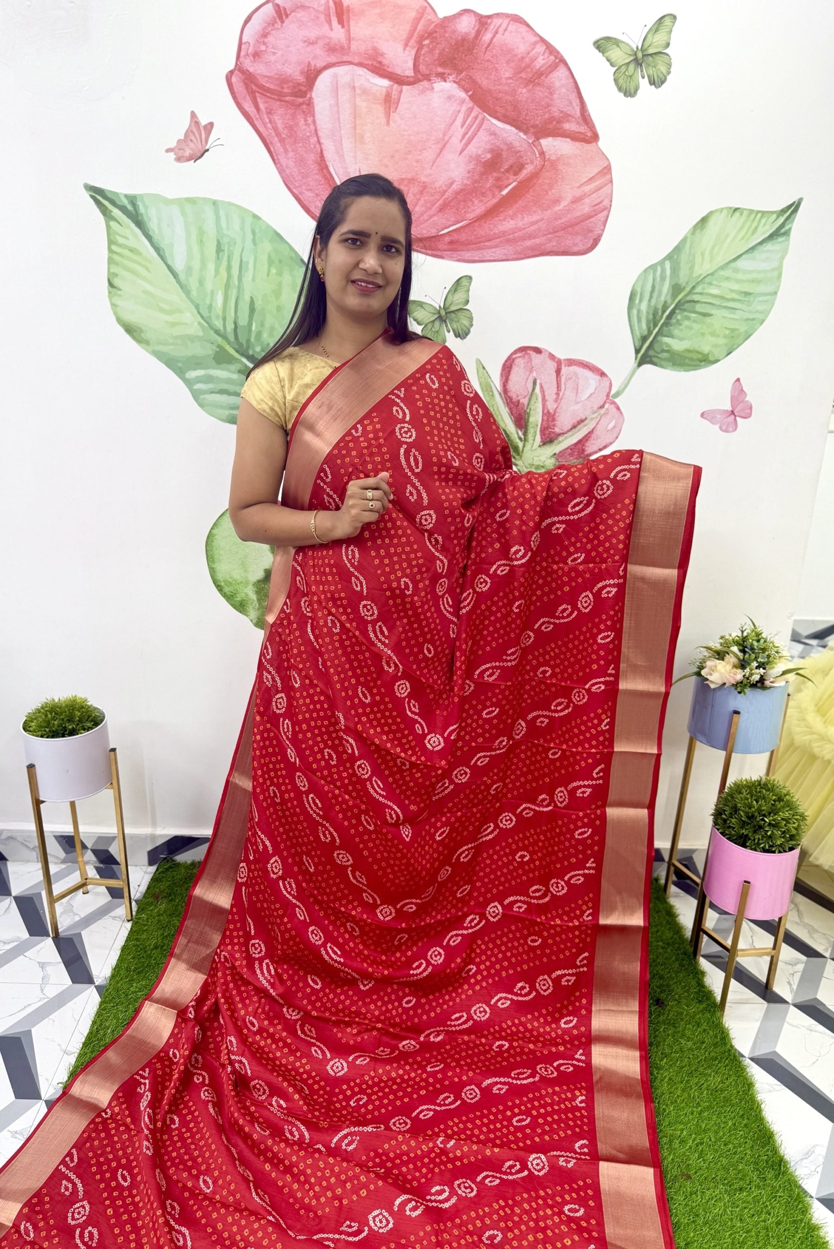 Red Bandhini Printed Saree
