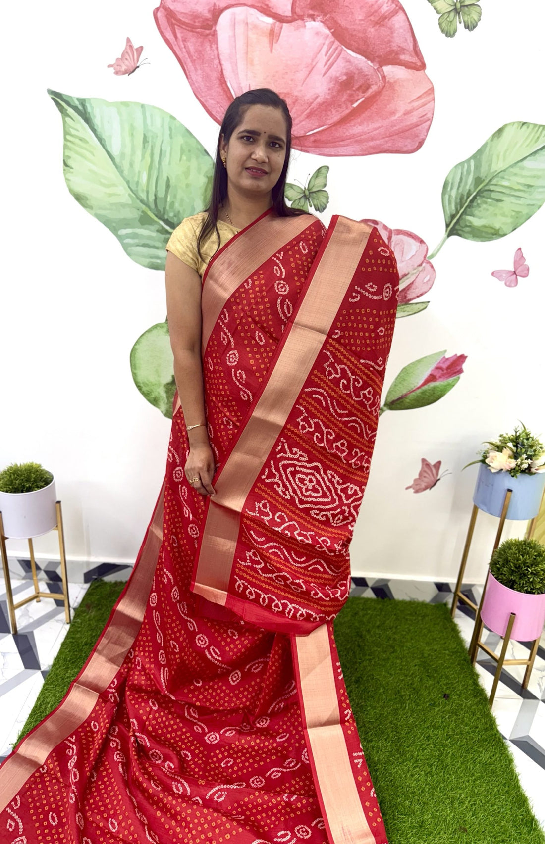 Red Bandhini Printed Saree