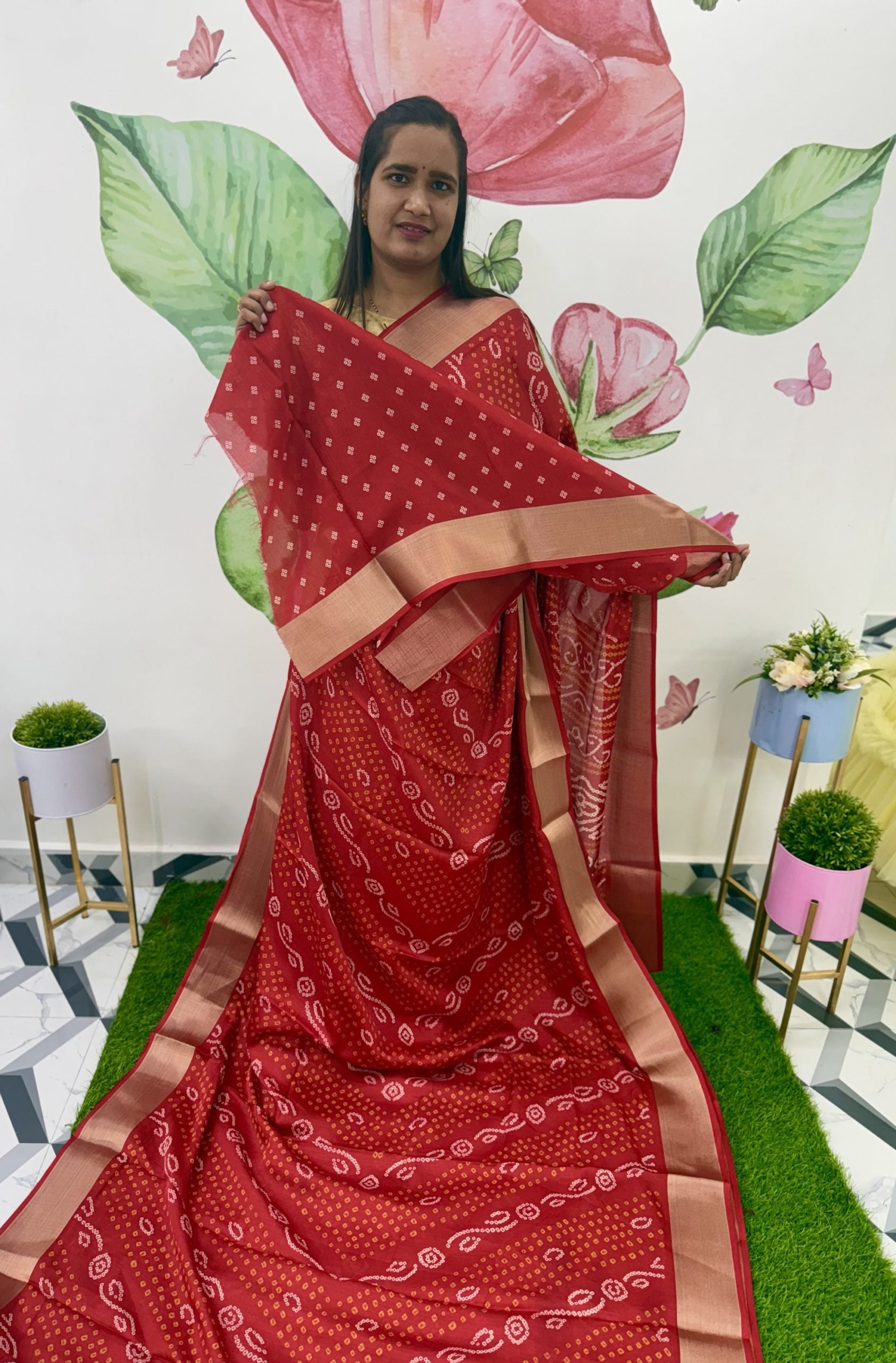 Red Bandhini Printed Saree
