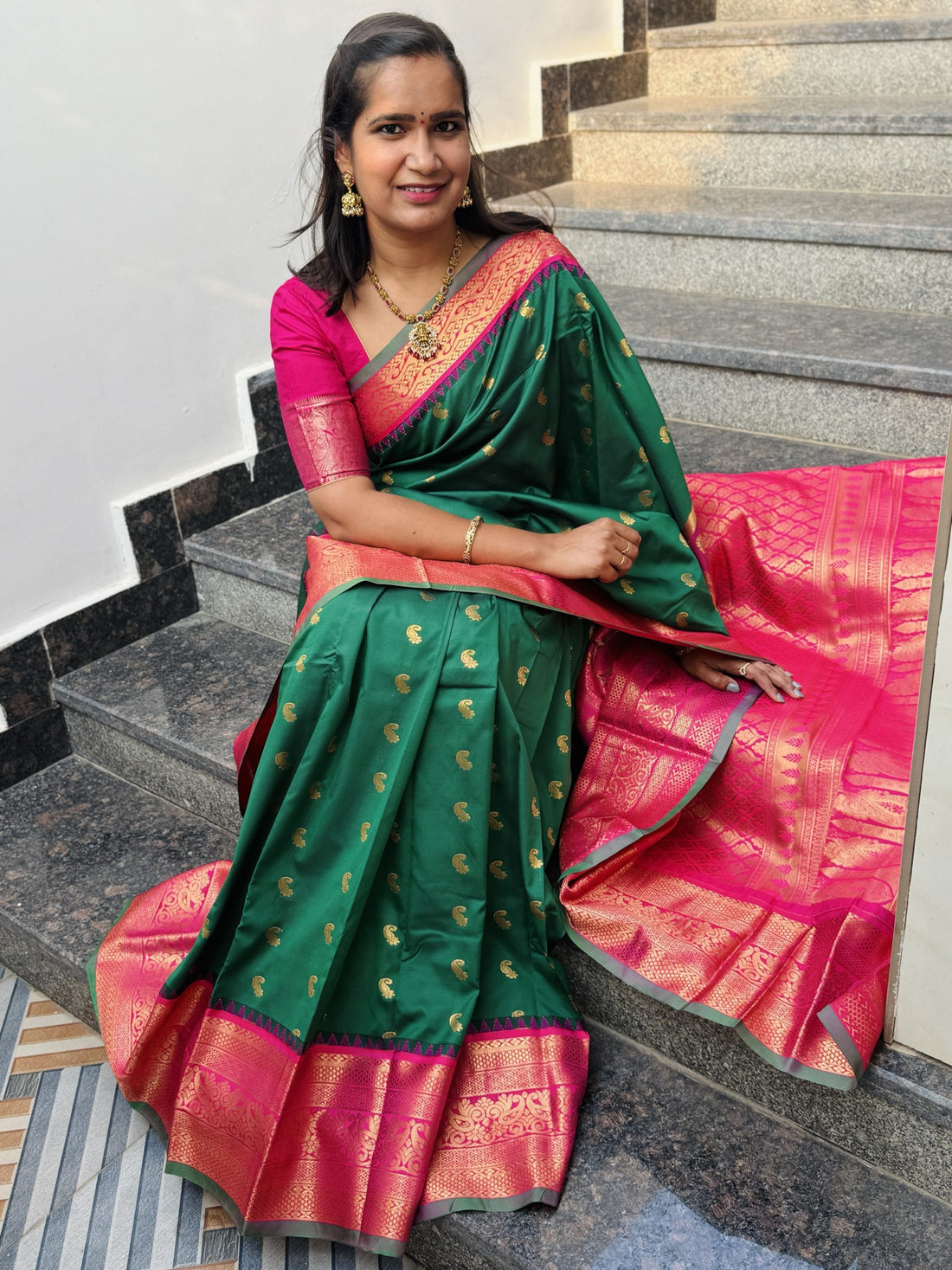 Bottle Green Semi Gadwal Saree
