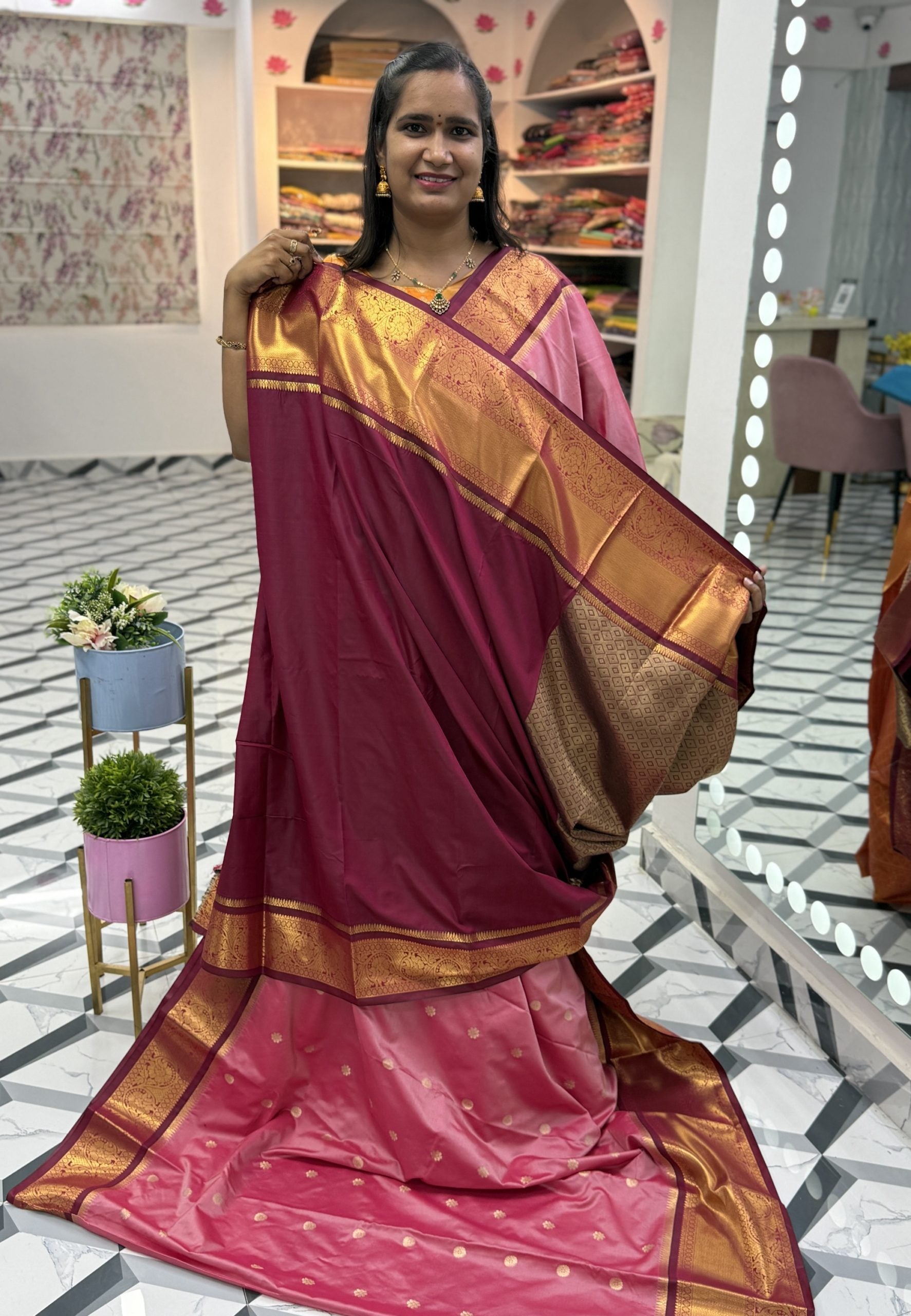 Peach Maroon Semi Gadwal