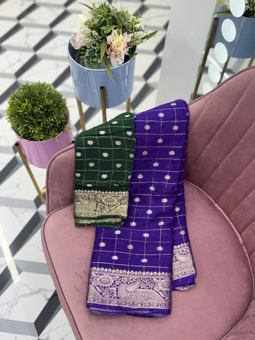 Purple Checks Chinnon Saree