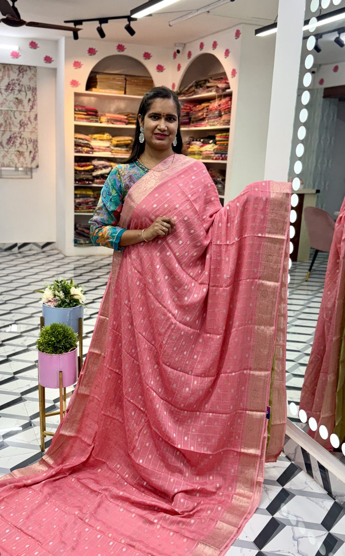 Peach Chinnon Checks Saree