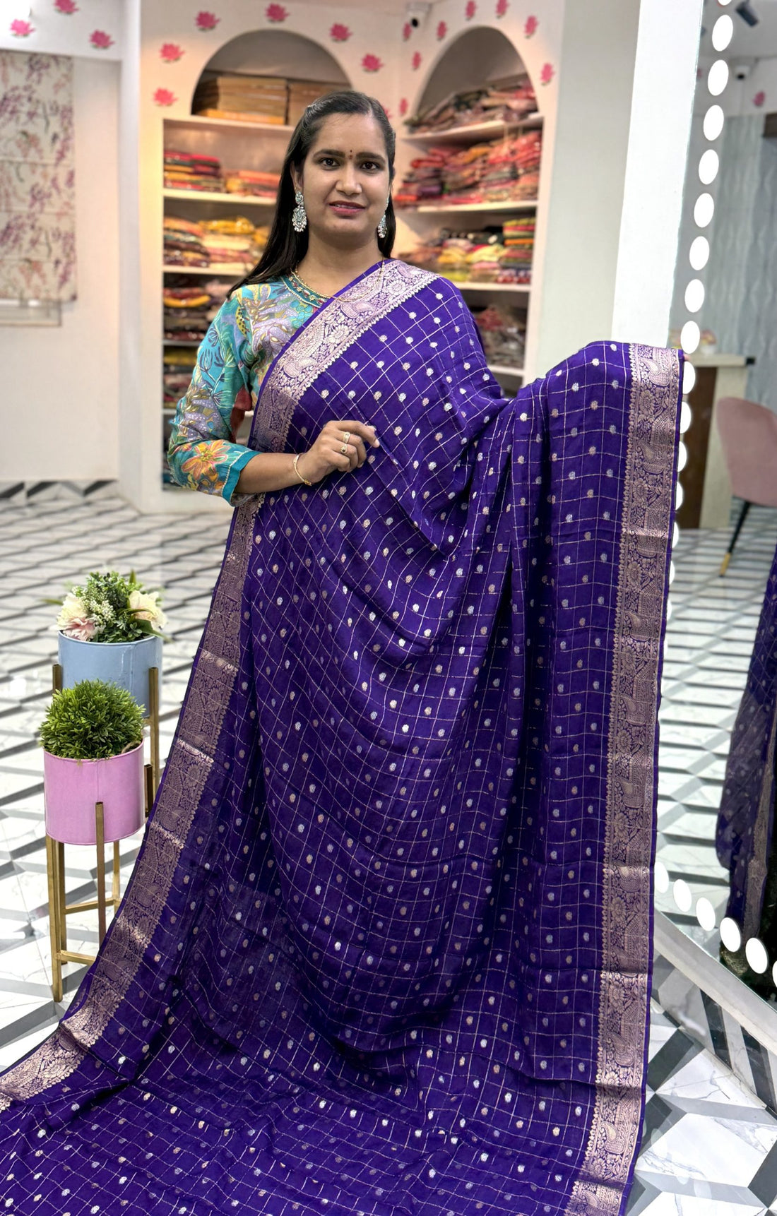 Purple Checks Chinnon Saree