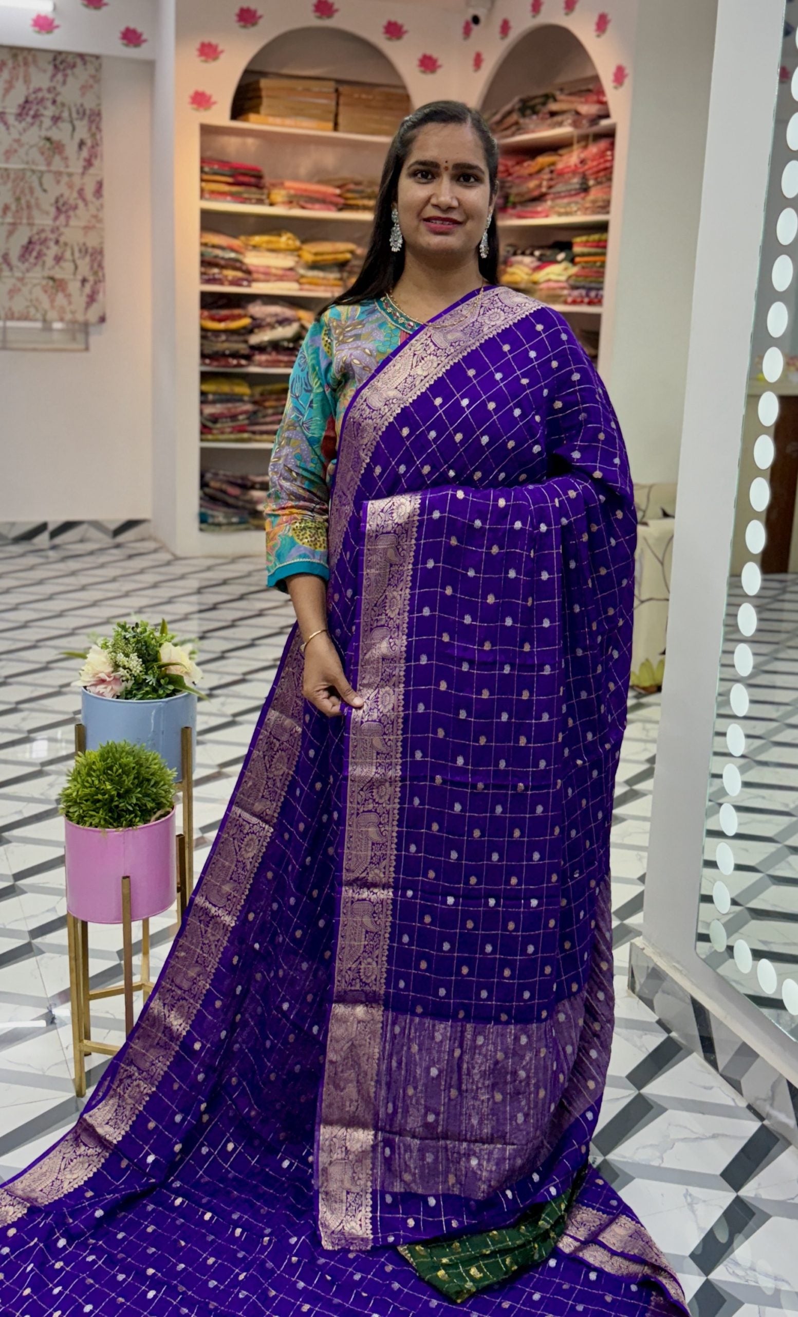 Purple Checks Chinnon Saree