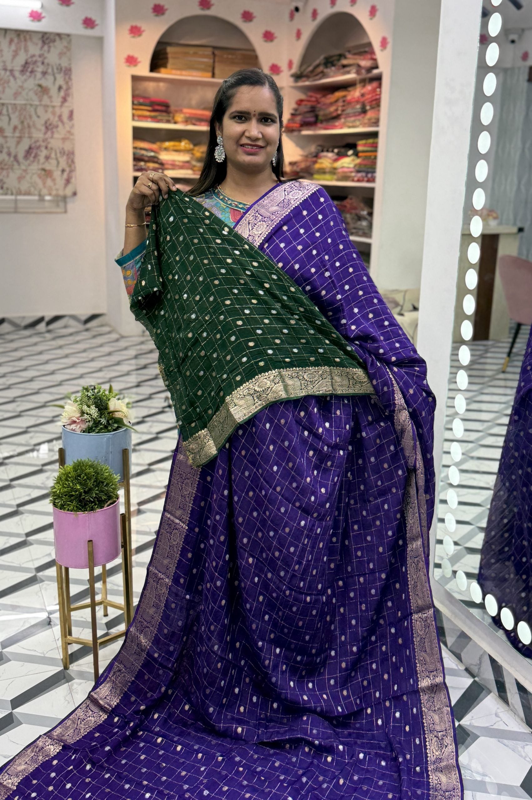 Purple Checks Chinnon Saree