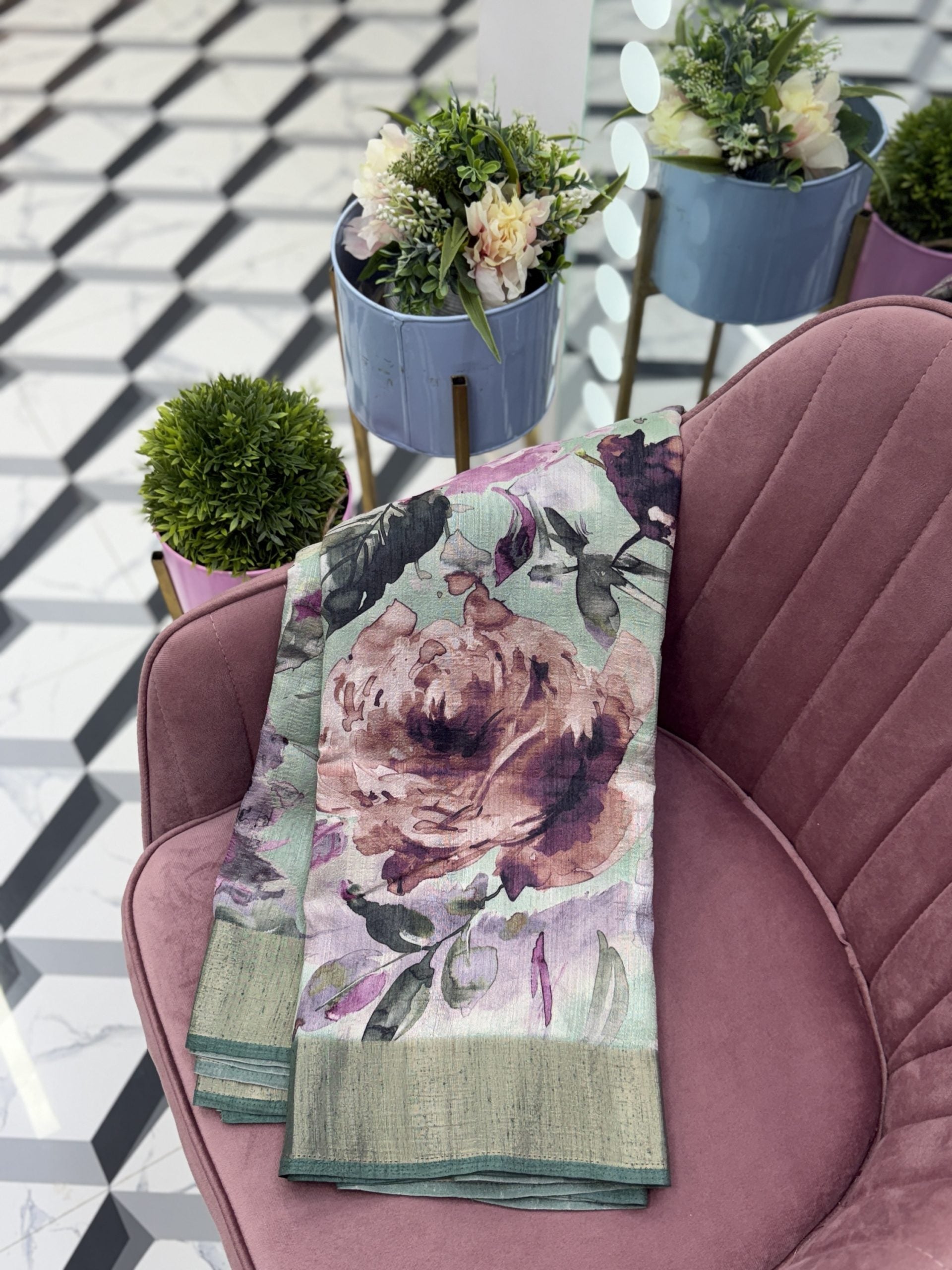 Pista Floral Soft Tussar Saree