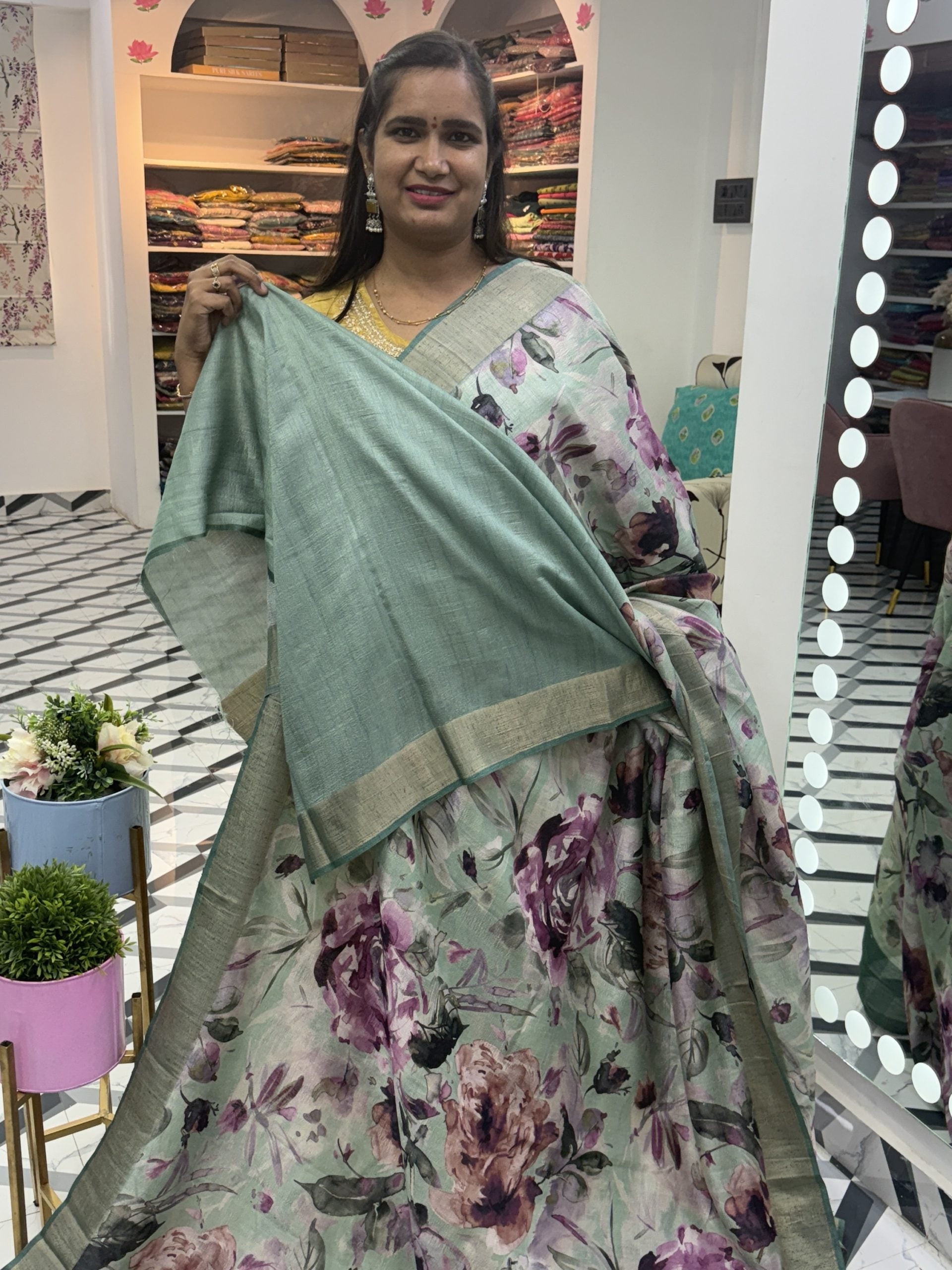 Pista Floral Soft Tussar Saree