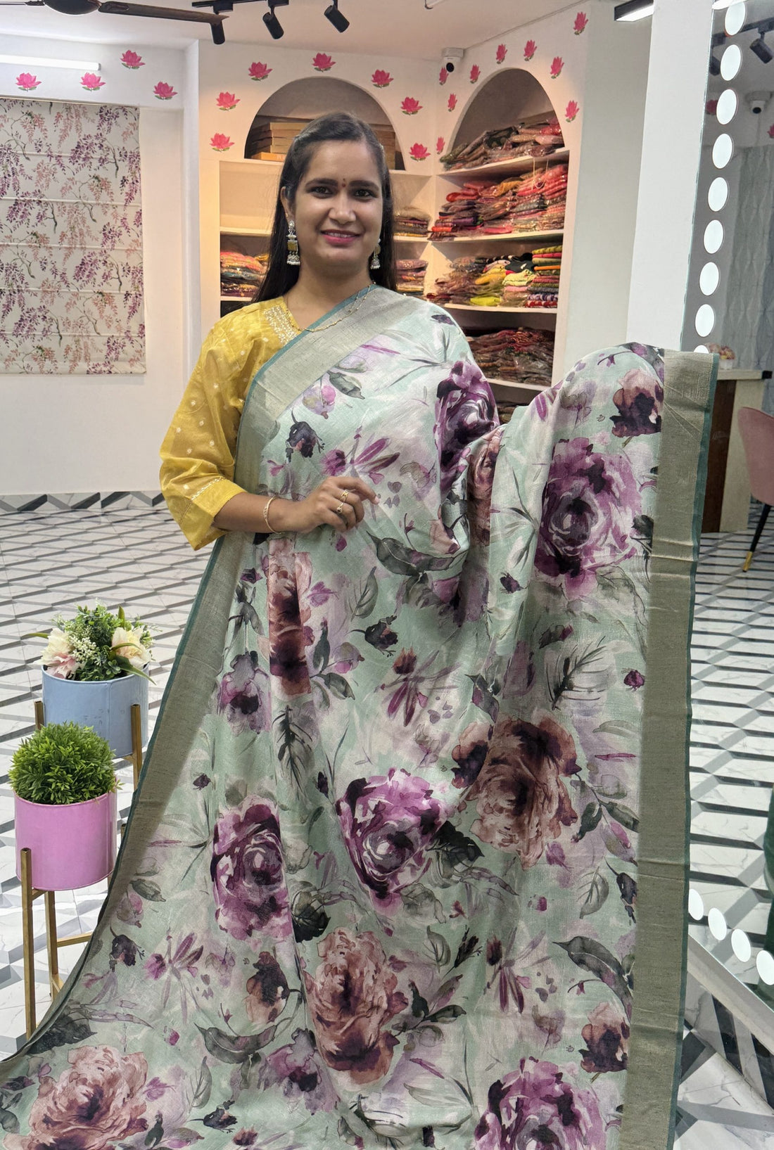 Pista Floral Soft Tussar Saree