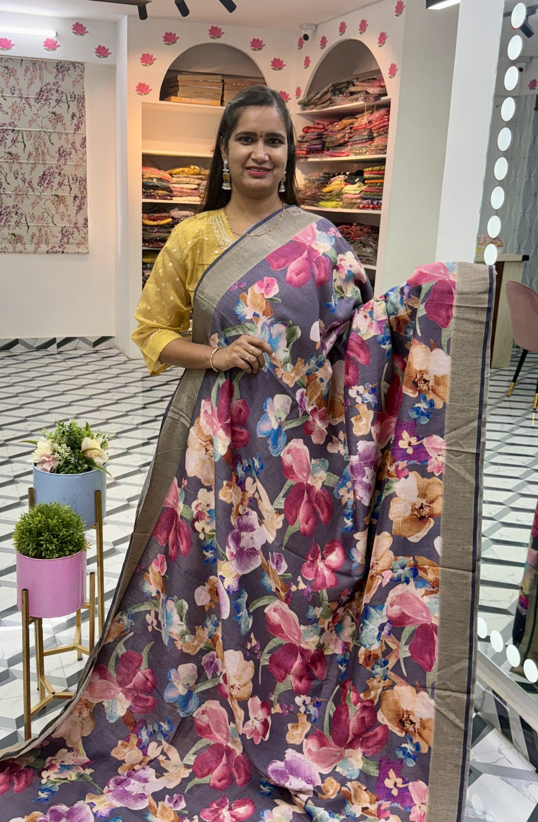 Dark Mauve Floral Soft Tussar Saree