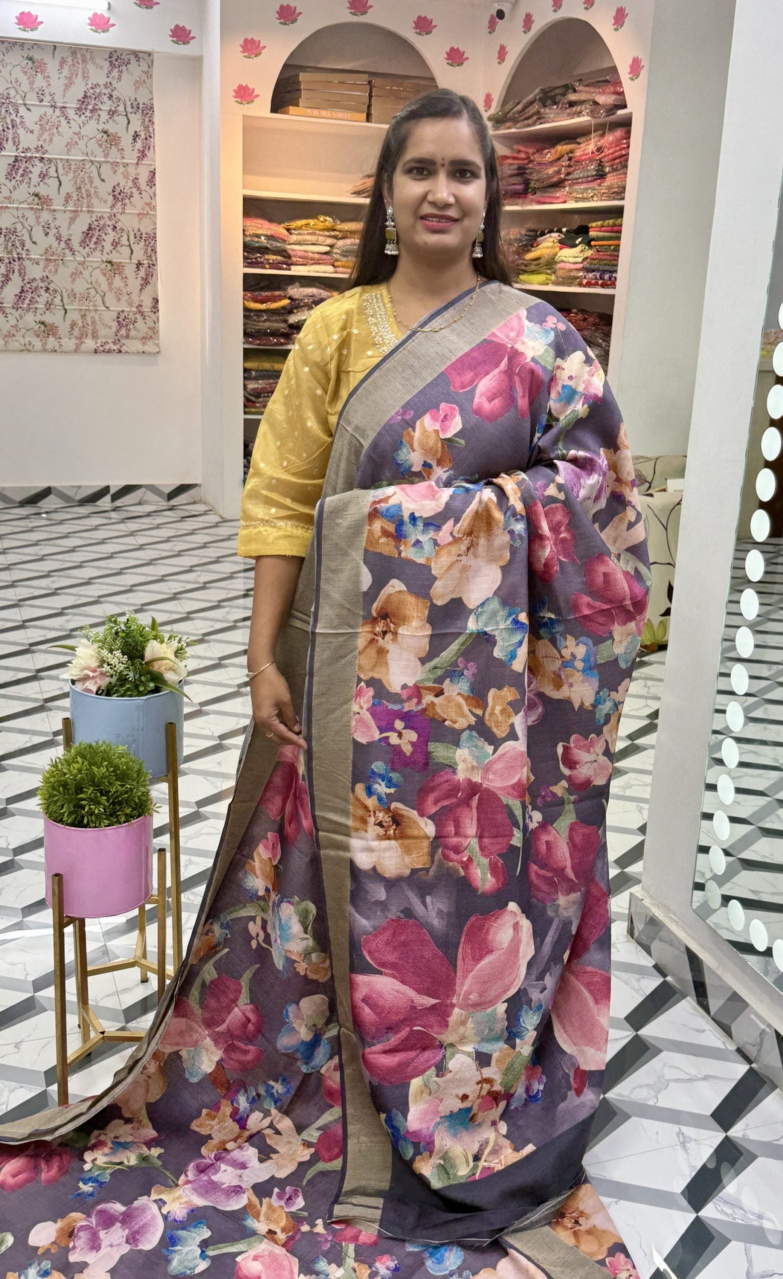 Dark Mauve Floral Soft Tussar Saree