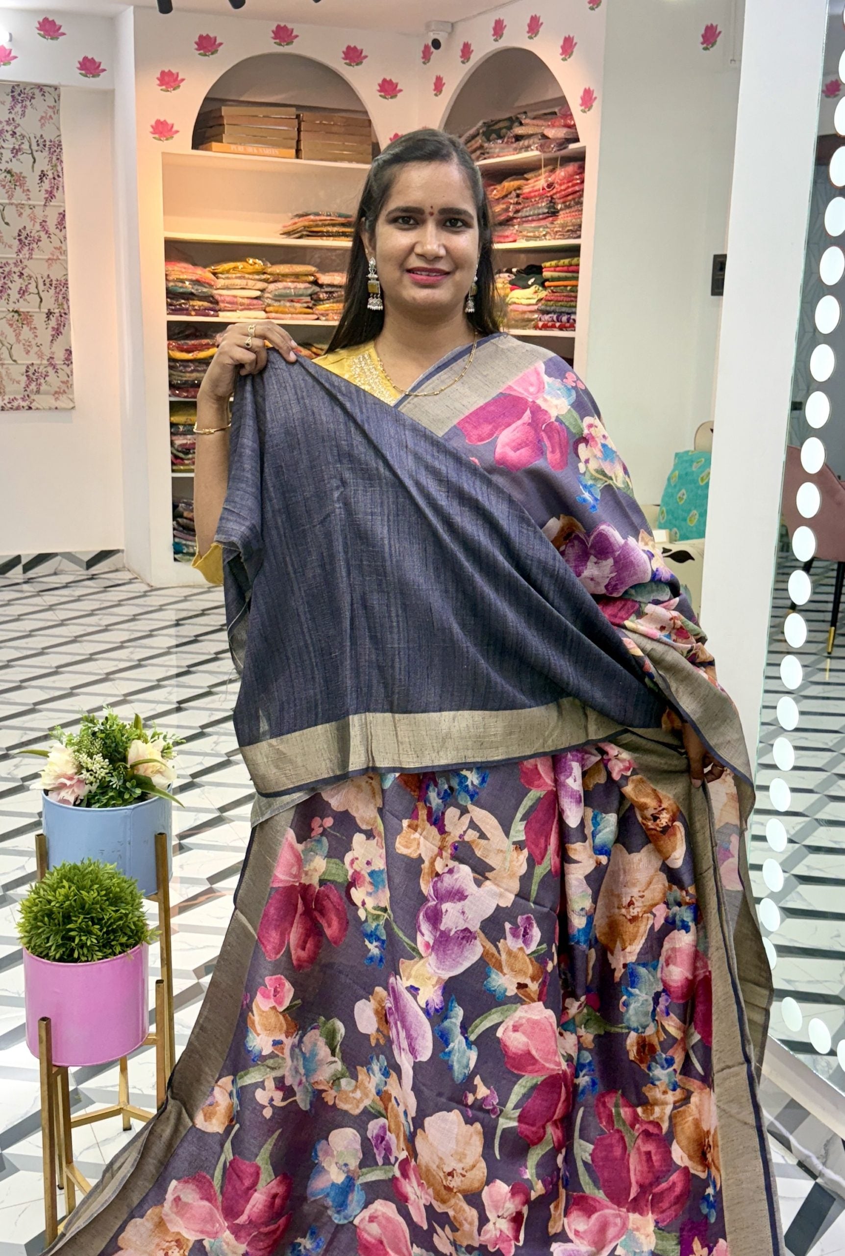 Dark Mauve Floral Soft Tussar Saree