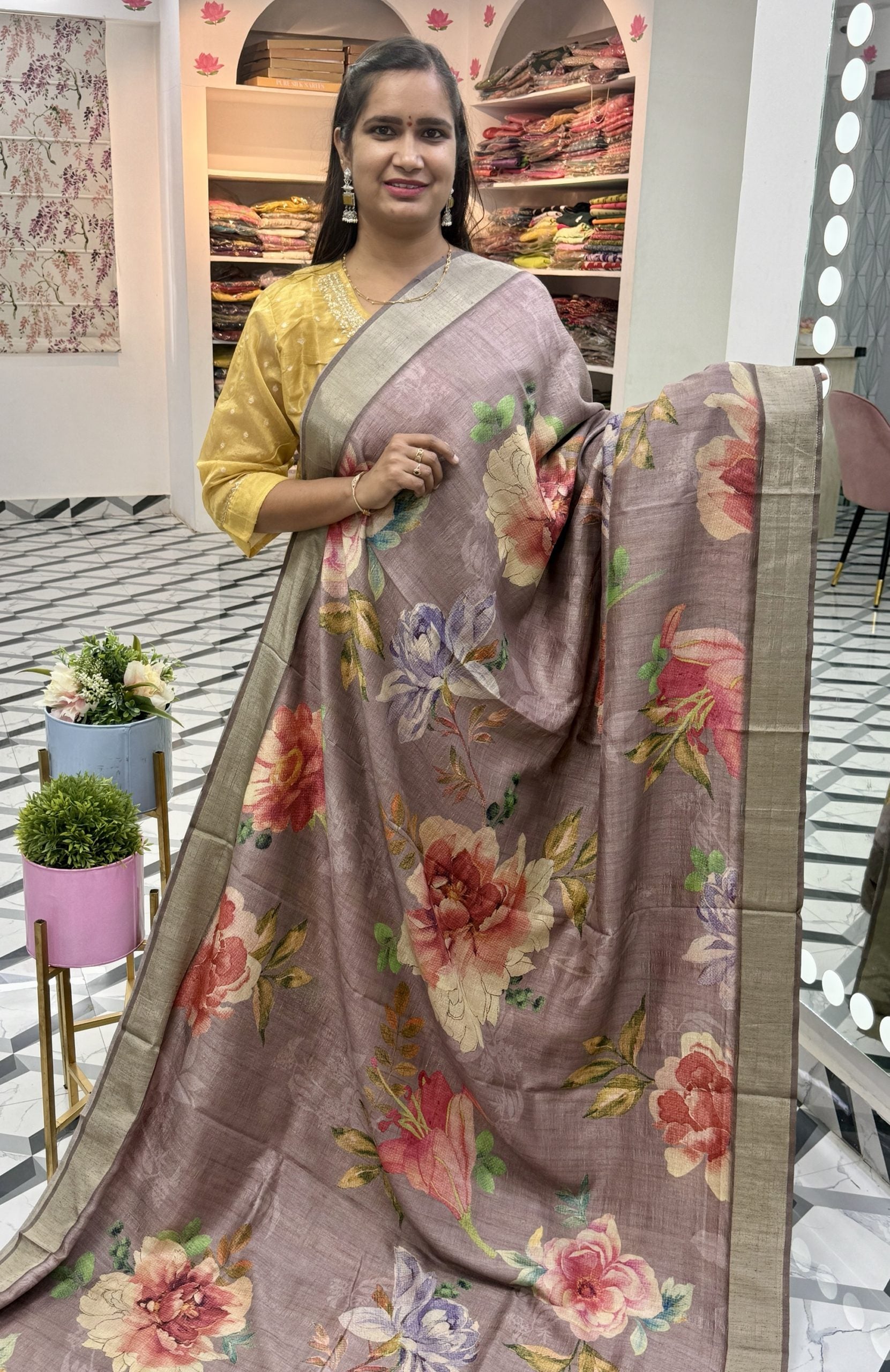 Mauve Floral Soft Tussar Saree