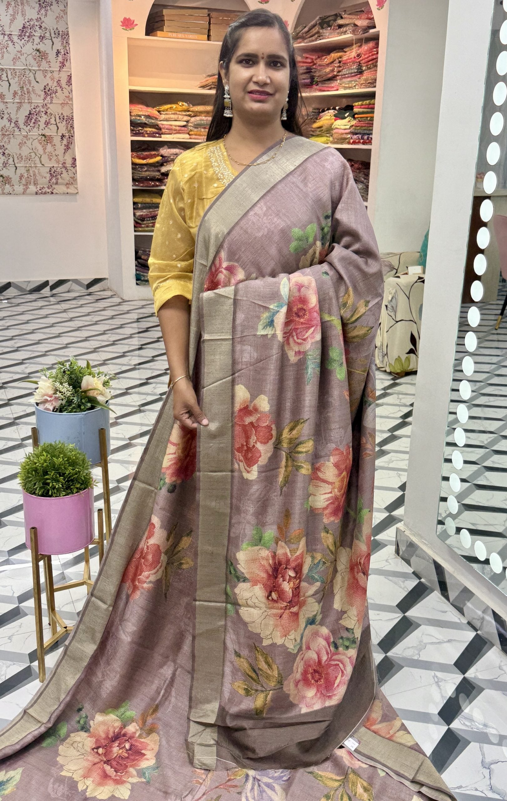 Mauve Floral Soft Tussar Saree