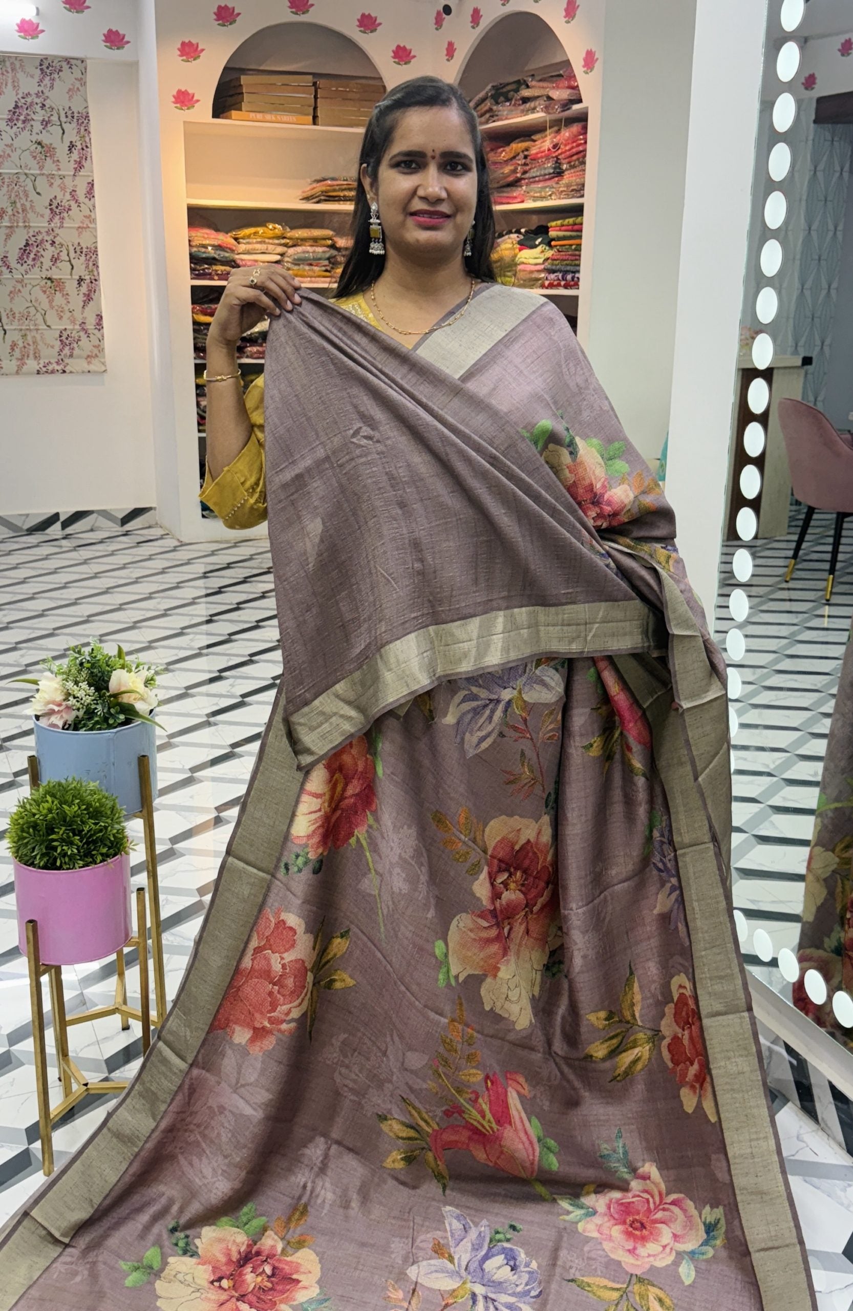 Mauve Floral Soft Tussar Saree