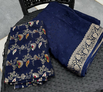 Navy Blue Semi Crepe Silk Saree