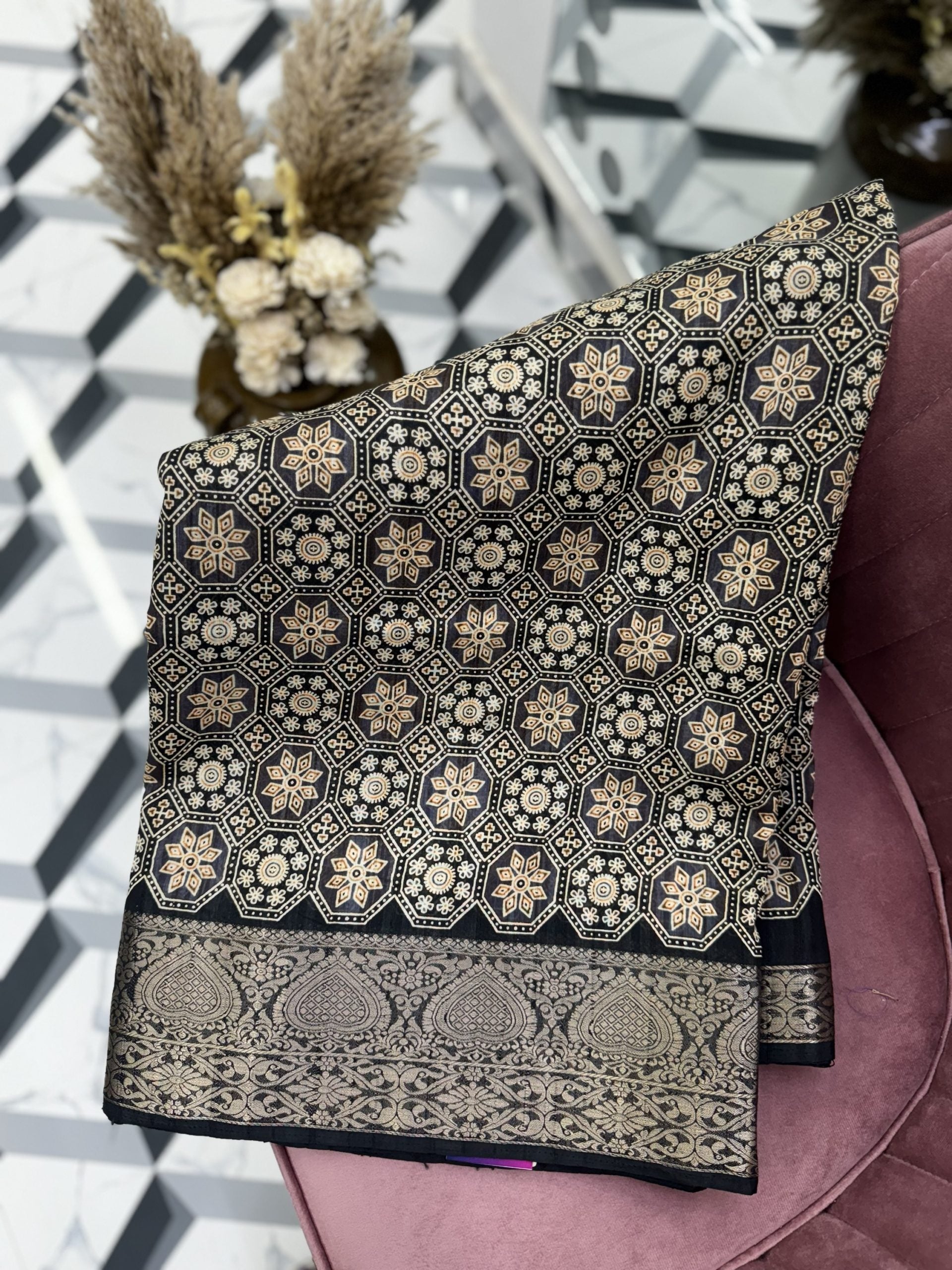 Black Ajrakh Printed Saree