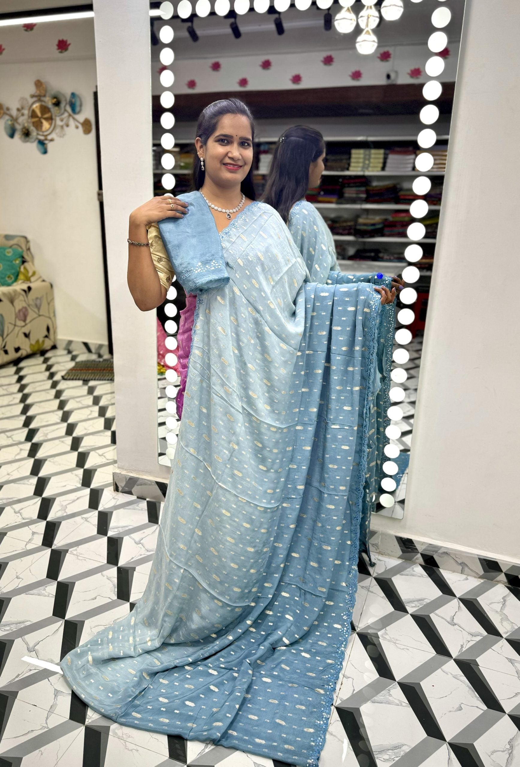 Dual Shaded Mirror Work Saree