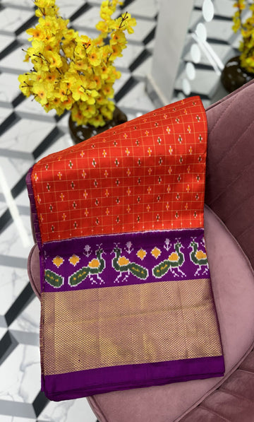 Orange Pure Handloom Ikkat Patola Saree