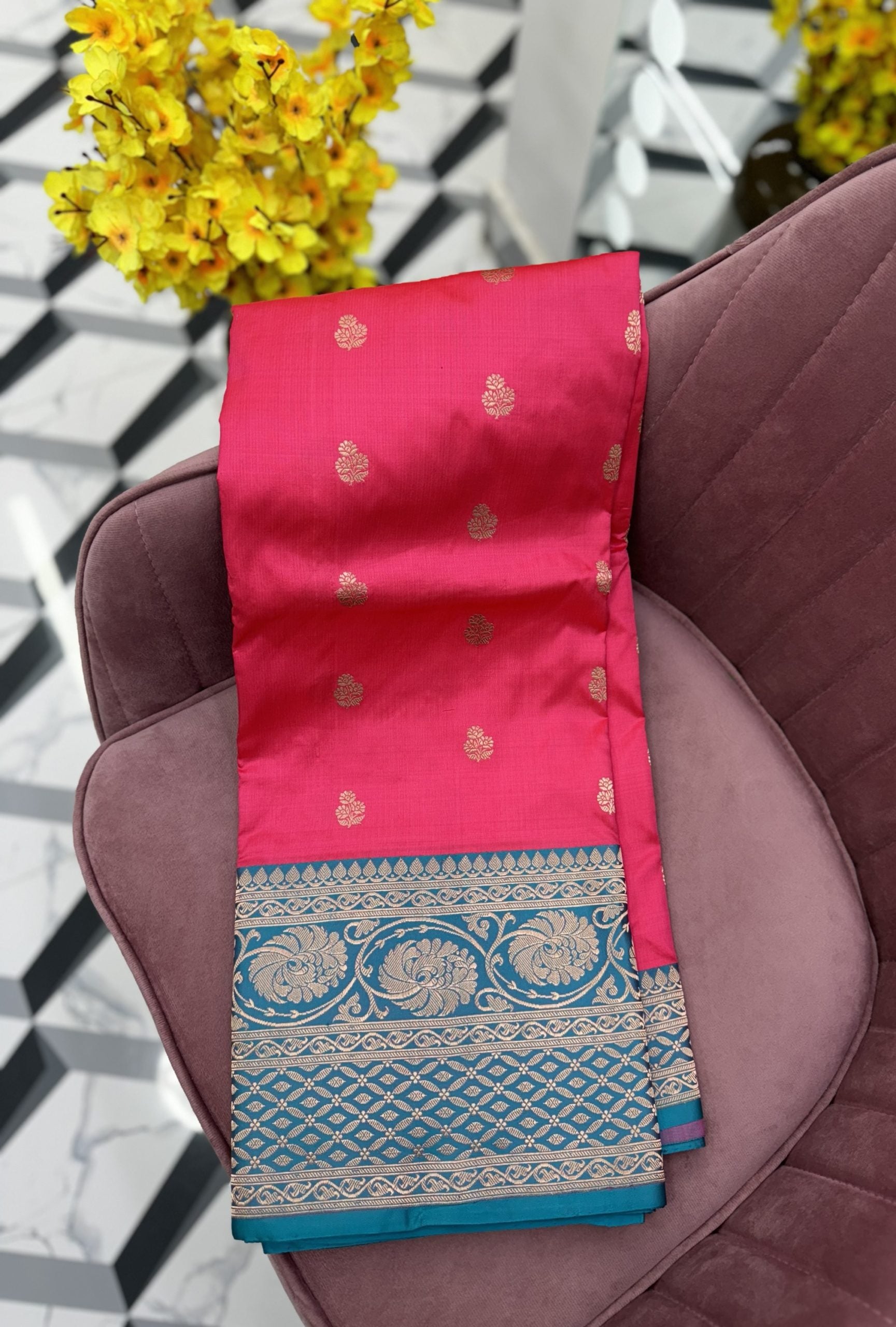 Peach Pink Katan Banaras Saree