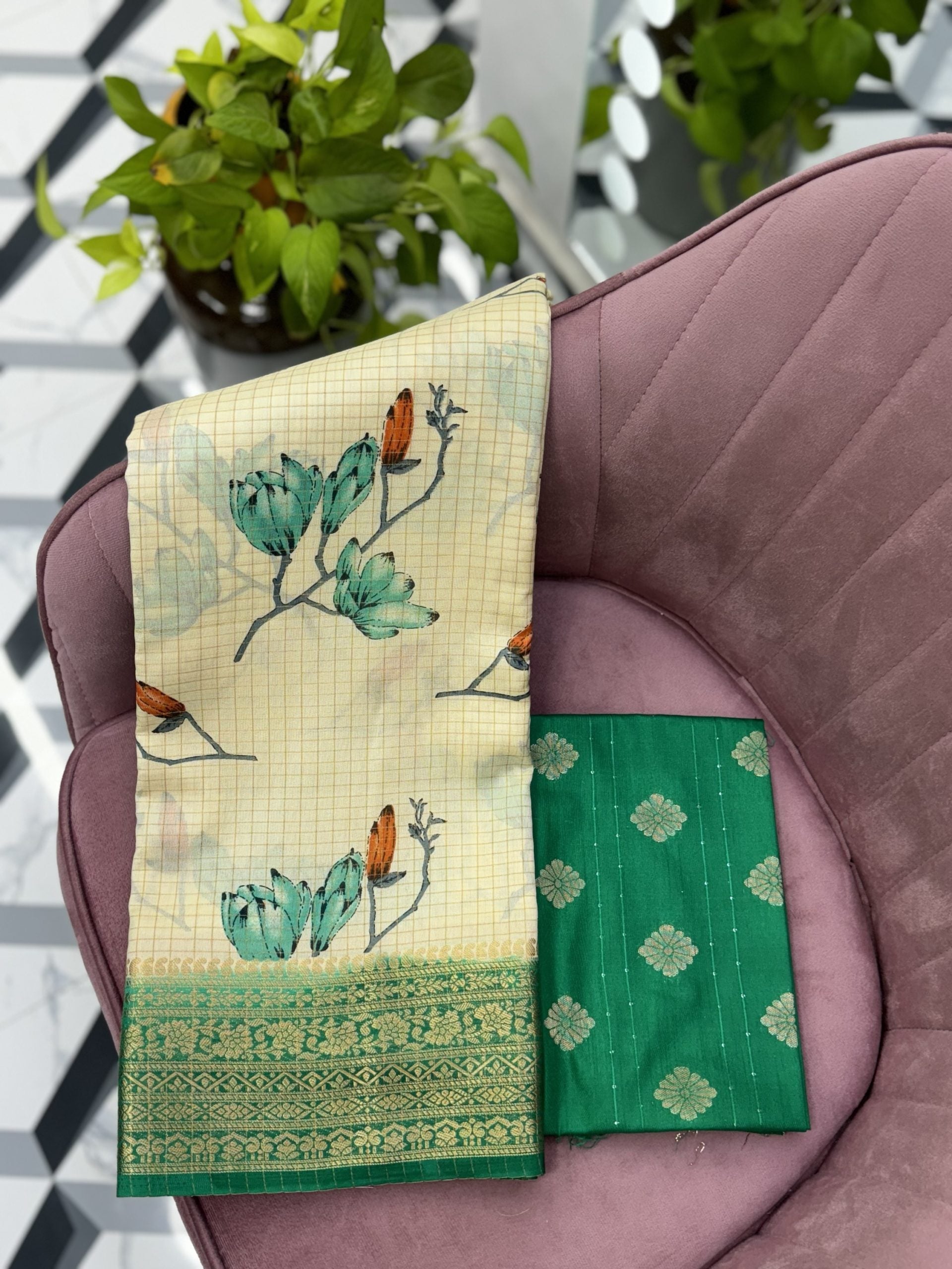 Cream and Green Mysore Silk Saree