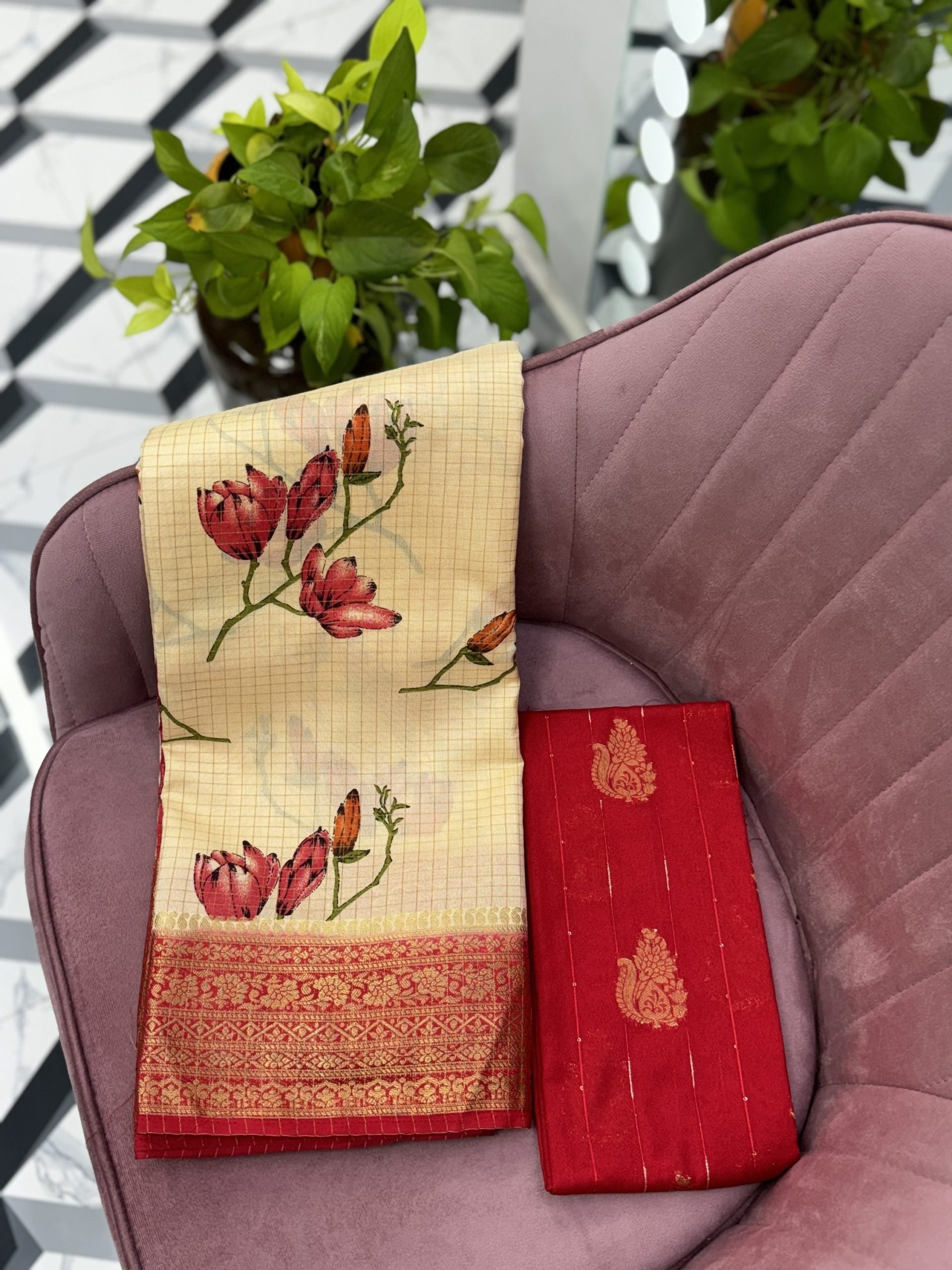 Cream and Red Mysore Silk Saree