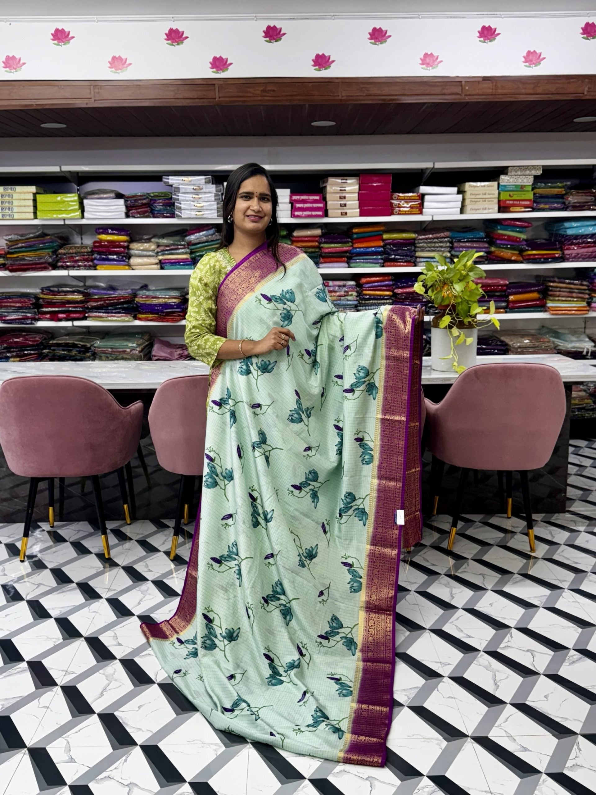 Seagreen and Purple Mysore Silk Saree