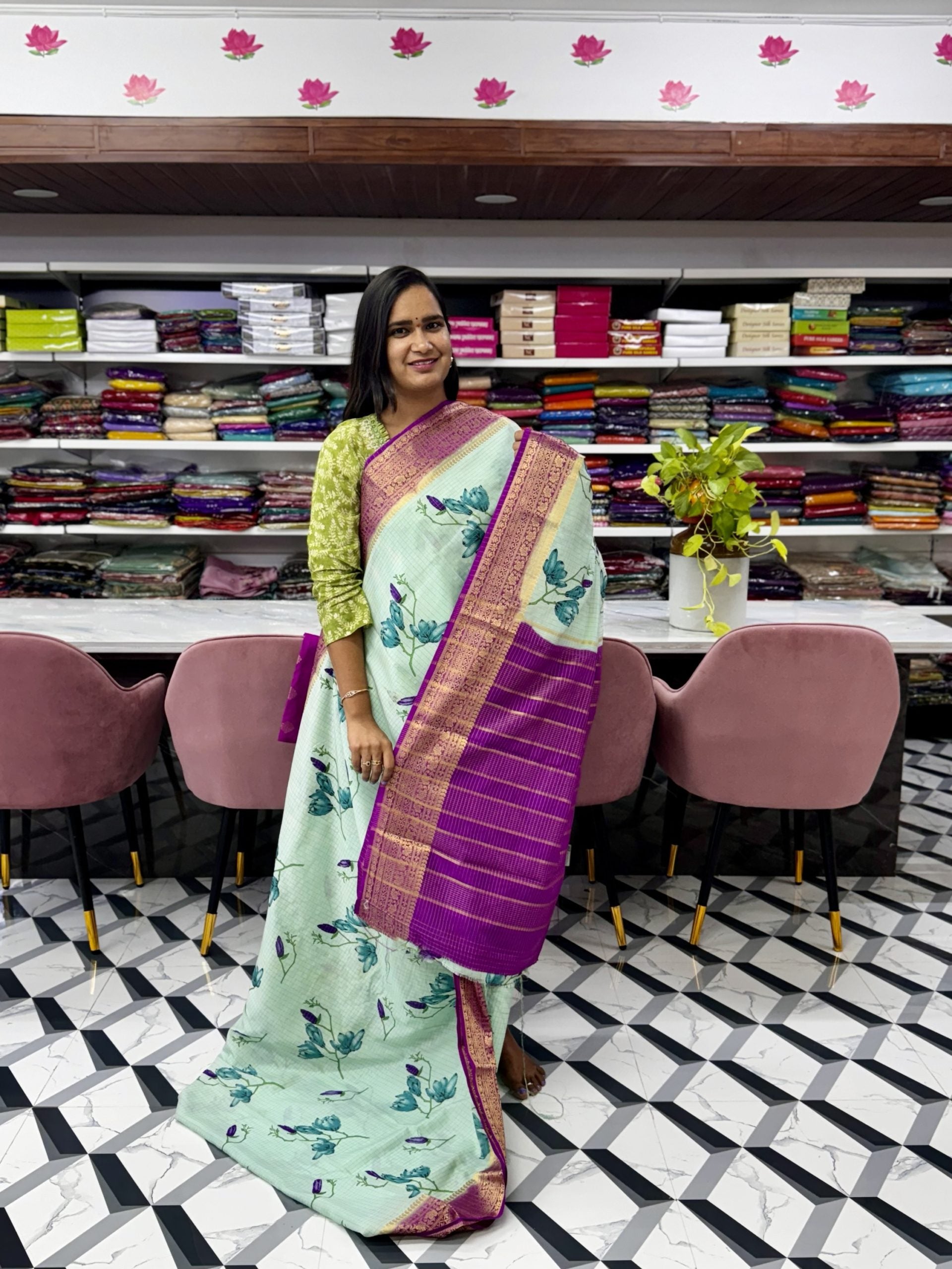 Seagreen and Purple Mysore Silk Saree