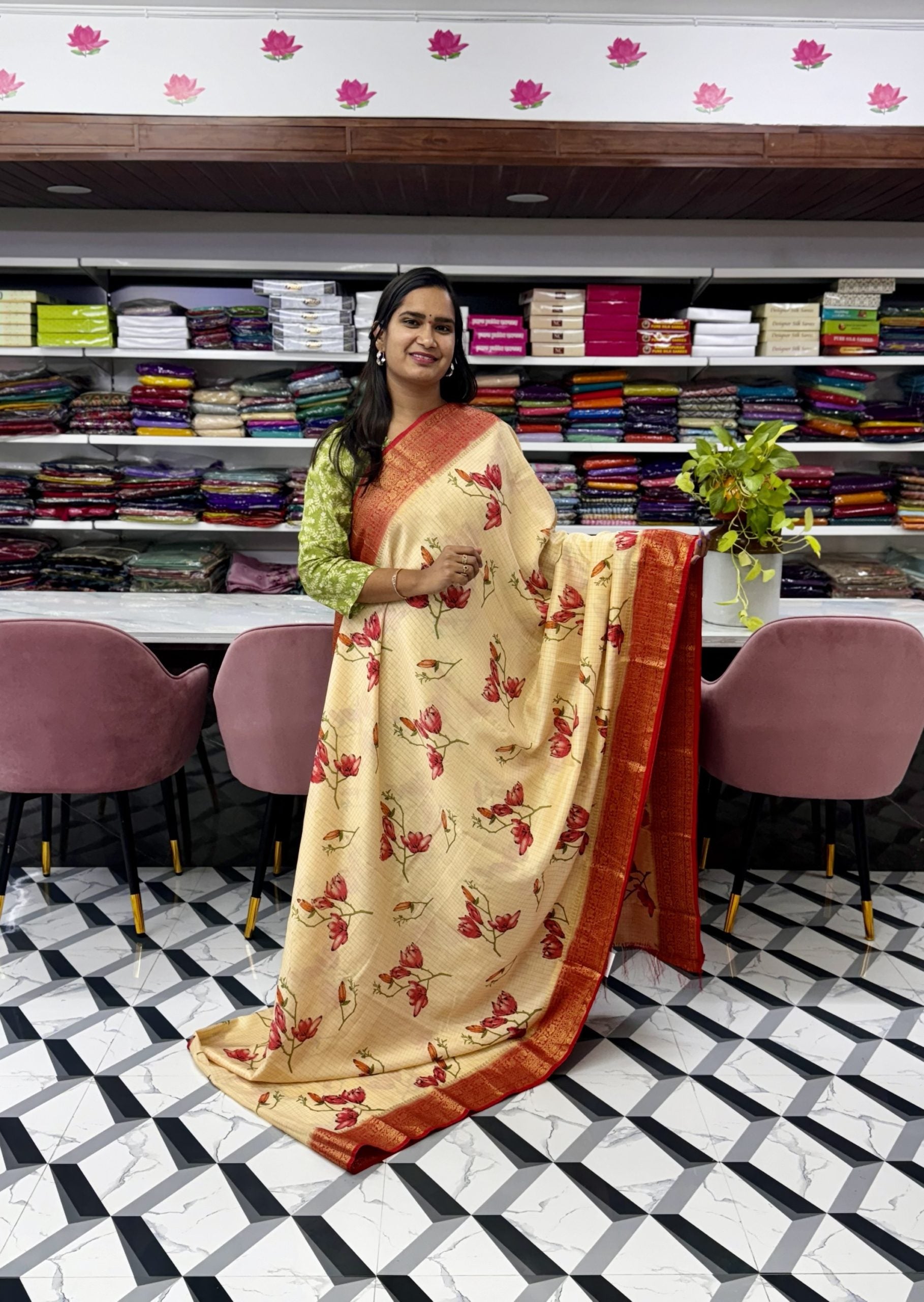 Cream and Red Mysore Silk Saree