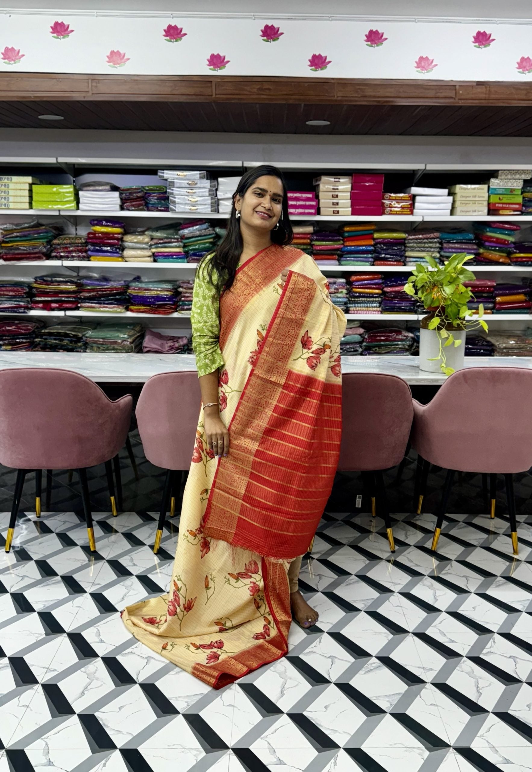 Cream and Red Mysore Silk Saree