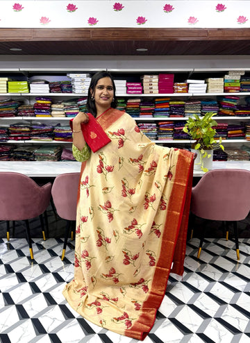 Cream and Red Mysore Silk Saree